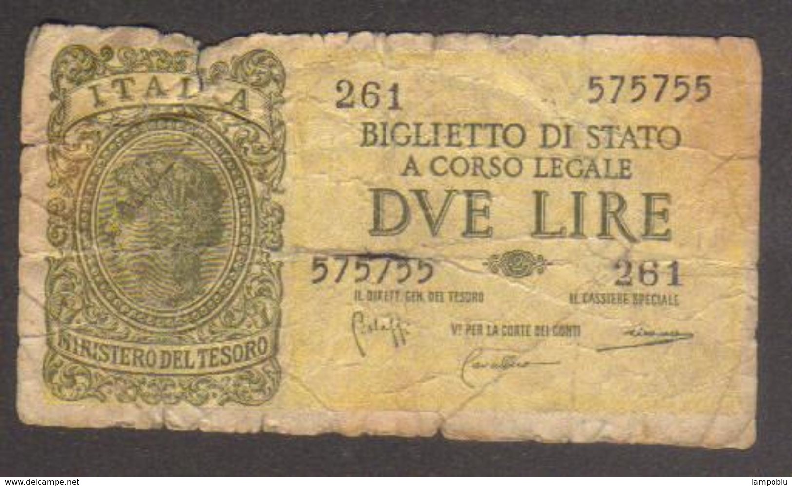 Biglietto Di Stato Da 2 Lire - Circolato - Pieghe E Strappi - W - Italia – 2 Lire