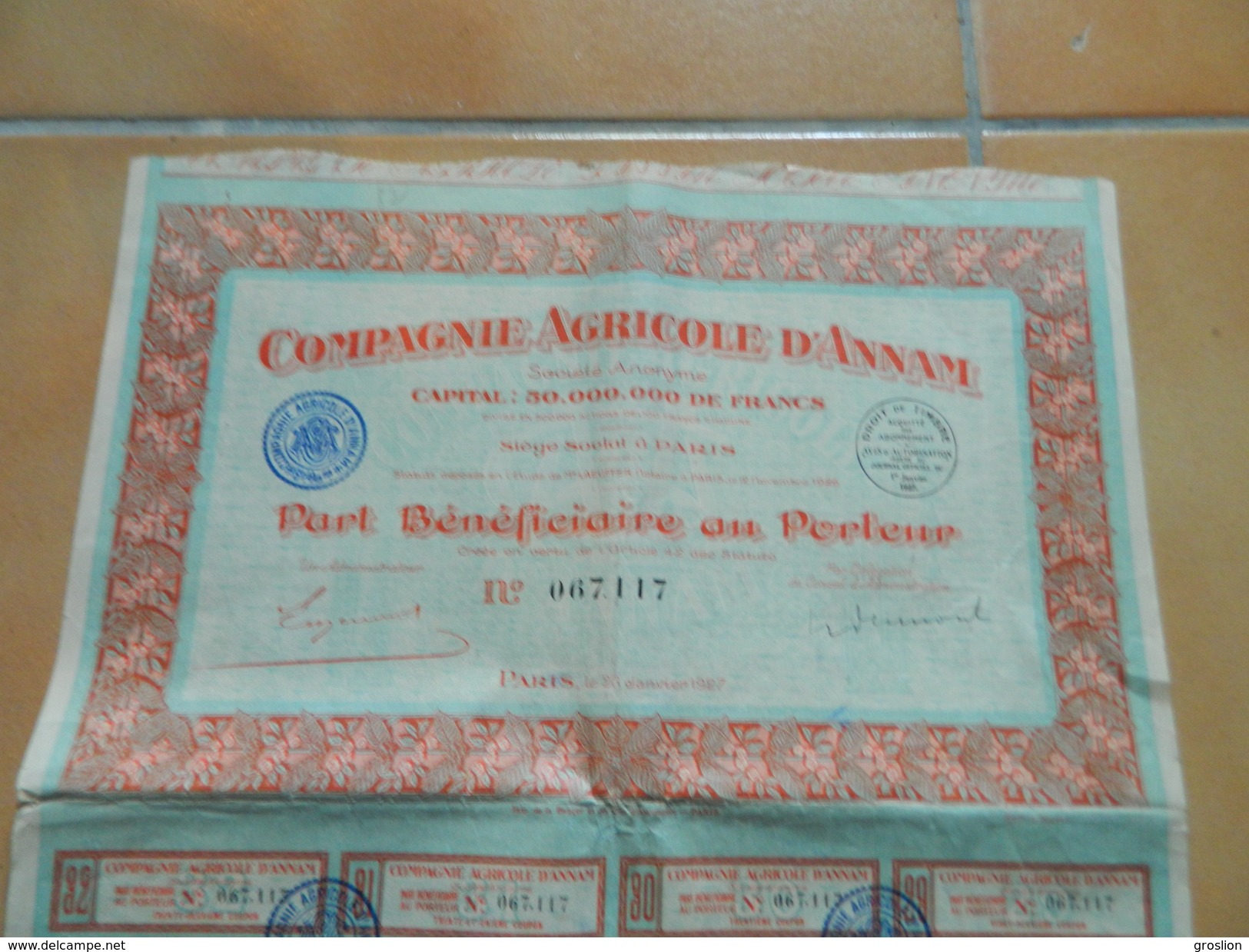 COMPAGNIE AGRICOLE D'ANNAM (VIET NAM EX INDOCHINE) PART BENEFICIAIRE AU PORTEUR 1927 - Asien