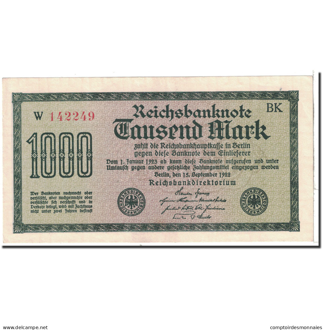 Billet, Allemagne, 1000 Mark, 1922, 1922-09-15, KM:76e, SUP+ - 1000 Mark