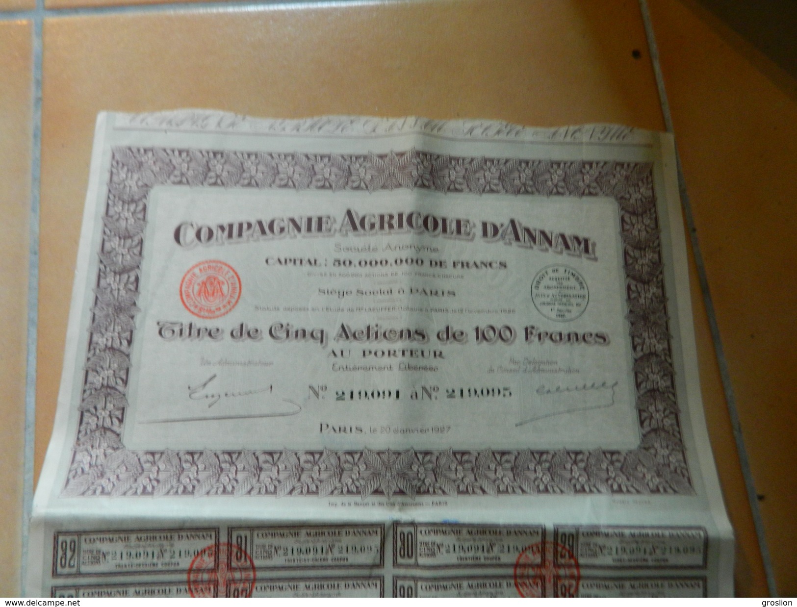 COMPAGNIE AGRICOLE D'ANNAM (VIET NAM EX INDOCHINE) TITRE DE CINQ ACTIONS DE 100 FRANCS AU PORTEUR 1927 - Asien