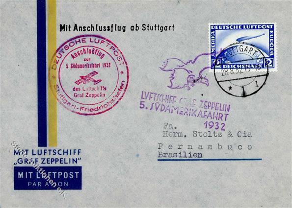 Zeppelin, 1932, Si.171C, 5.SAF, Anschlußflug Ab Stuttgart 28.8.32", Brief Mit 2 RM Zeppelin, Best.Stpl., Rs. Ak-K2 "RECI - Luchtschepen