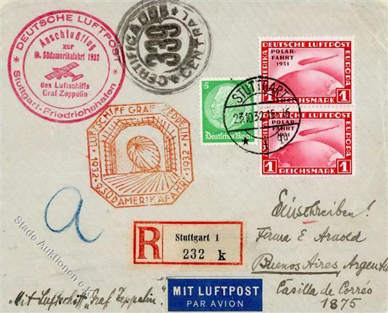 Zeppelin, 1932, Si.195C, 9.SAF, Aufgabe STUTTGART 23.10.32", Mit 3 Marken (davon 2x 1 M Polarfahrt), Best. Stpl., R-Brie - Luchtschepen