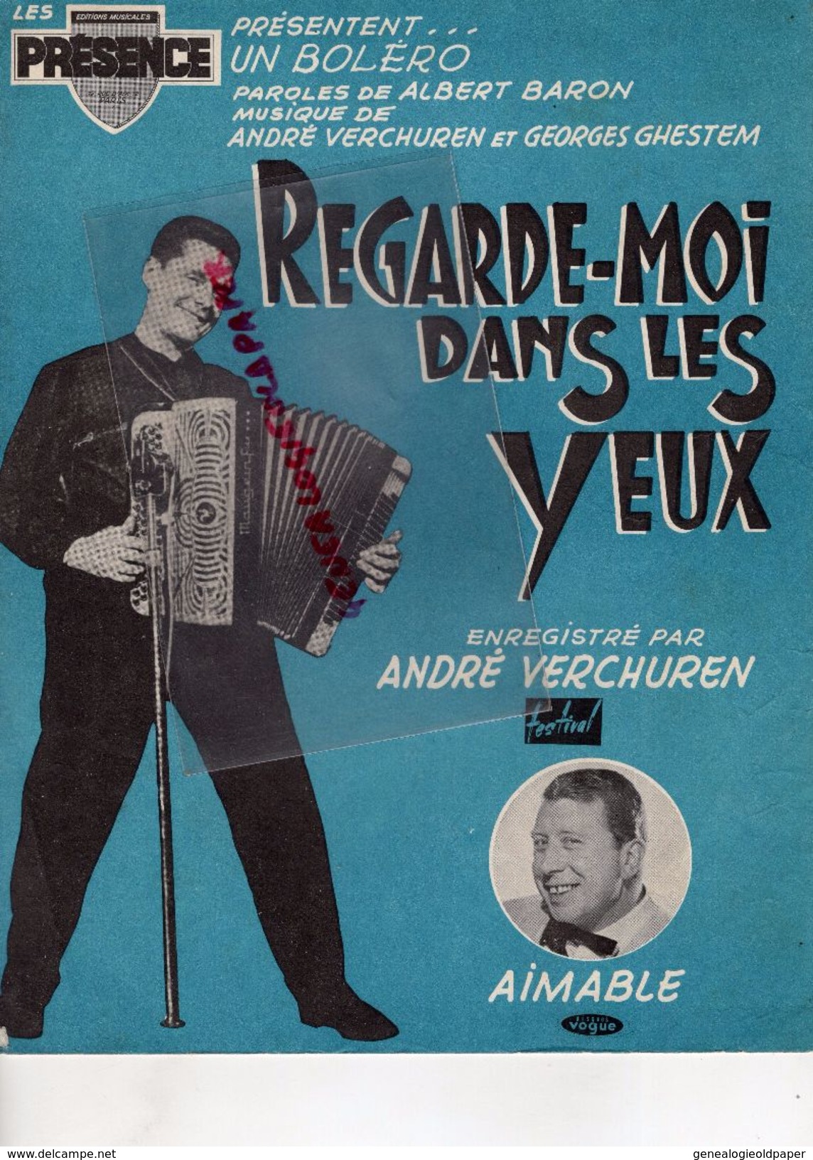 -PARTITION MUSIQUE- REGARDE MOI DANS LES YEUX-BOLERO-ALBERT BARON-ANDRE VERCHUREN-GEORGES GHESTEM-AIMABLE-1952 - Scores & Partitions