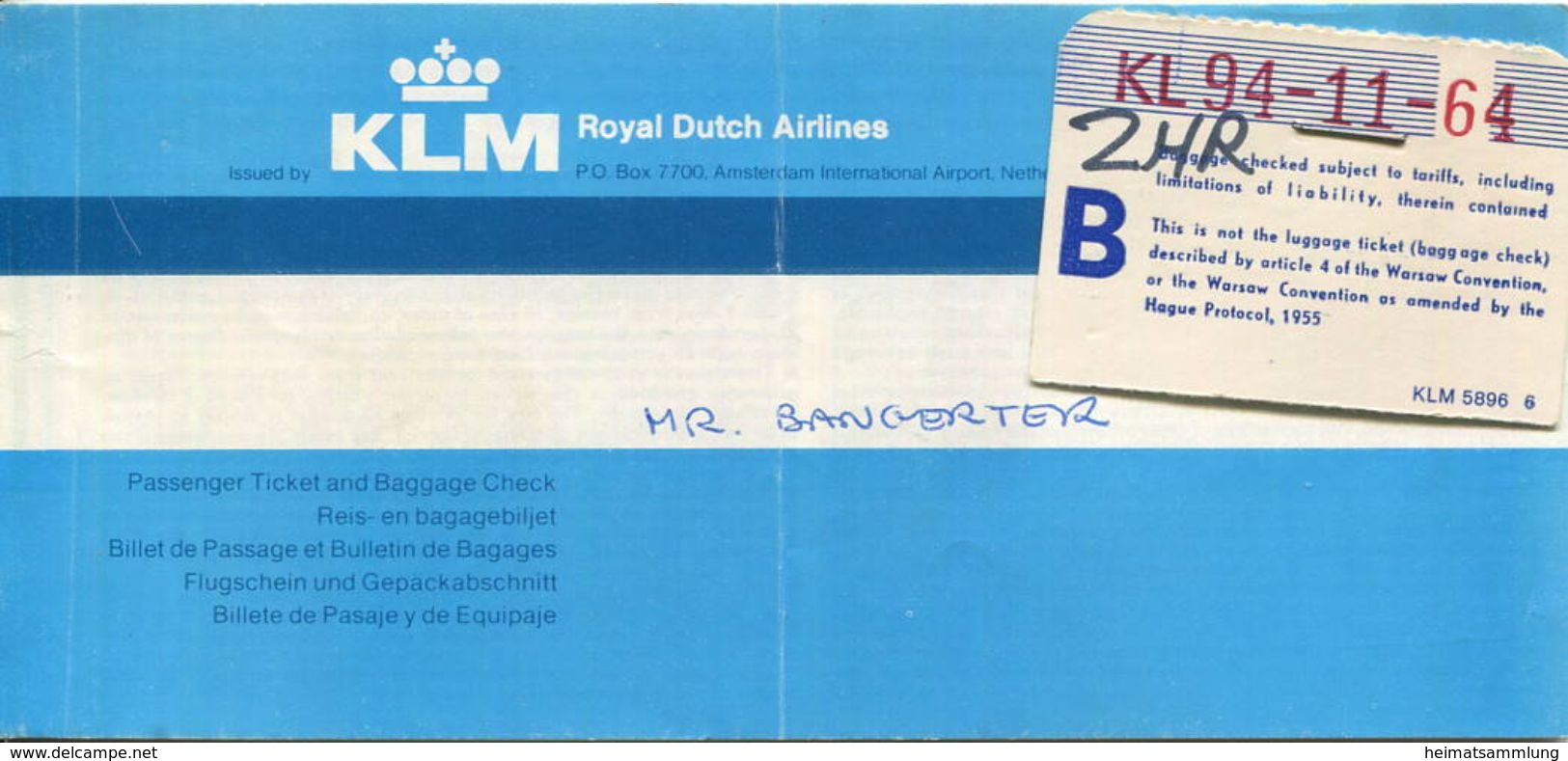 KLM Royal Dutch Airlines 1978 - Rio De Janeiro Amsterdam Zürich - Europa