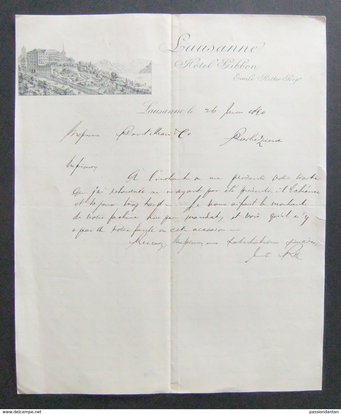 Correspondance Commerciale Sur Papier à Entête De L'Hôtel Gibbon à Lausanne - Propriétaire Émile Ritter - Suiza