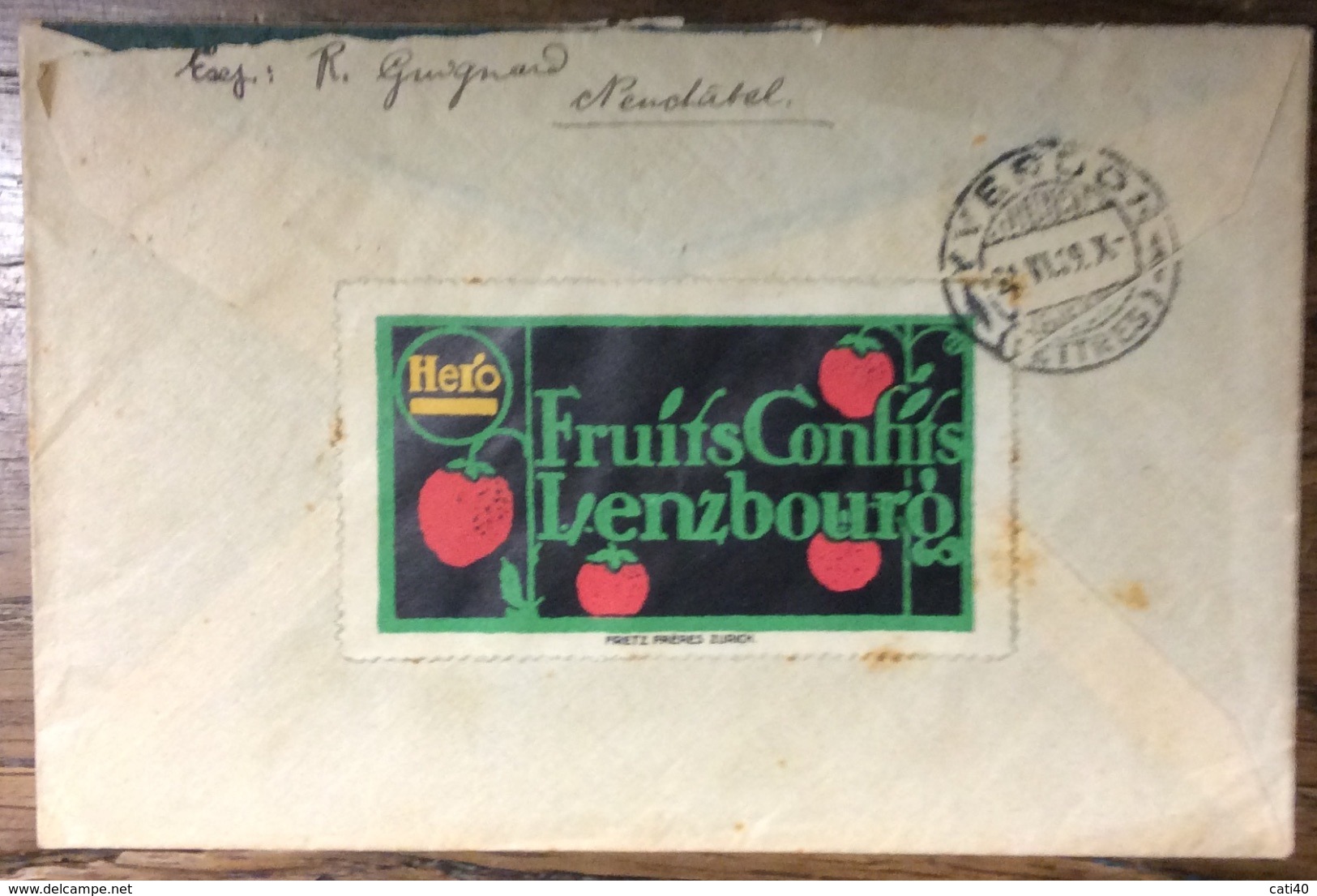 FRUTTA  FRAGOLE  HERO FRUITS CONFITS LENZBURG  CHIUDILETTERA ERINNOFILO SU BUSTA  DA NEUCHATEL A VERDON 1919 - Alimentazione