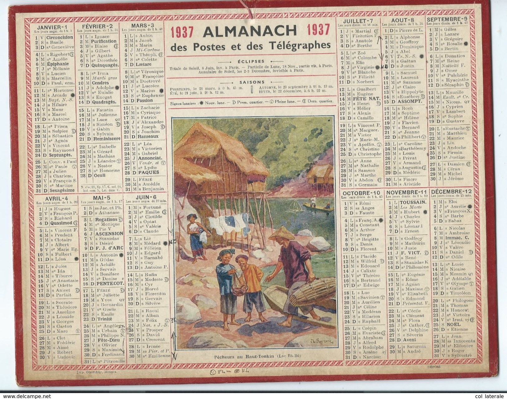 Indochine Calendrier 1937 Bien 3 Pages Au Dos Postes Française 2 Scans 265 X 210 Mm Pêcheurs Au Haut Tonkin Lac Bâ-Bé - Petit Format : 1921-40