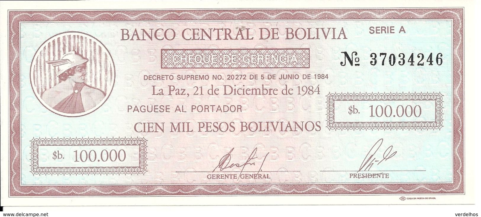 BOLIVIE 100000 PESOS BOLIVIANOS 1984 UNC P 188 - Bolivia