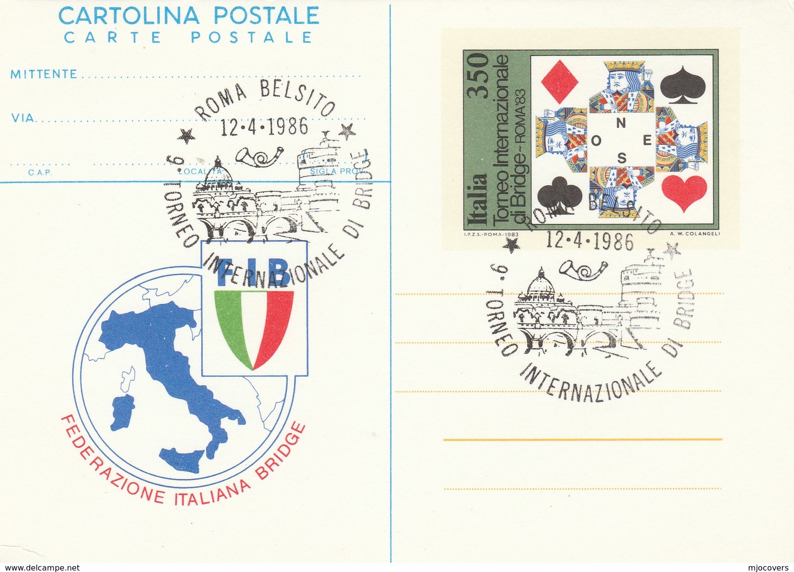 1986 ROME BRIDGE TOURNAMENT International  EVENT COVER  Illus Postal Stationery Card Playing Cards Stamps Italy - Ohne Zuordnung