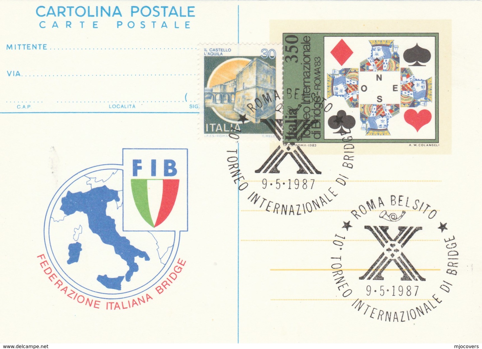 1987 ROME BRIDGE TOURNAMENT International  EVENT COVER  Illus Postal Stationery Card Playing Cards Stamps Italy - Non Classificati