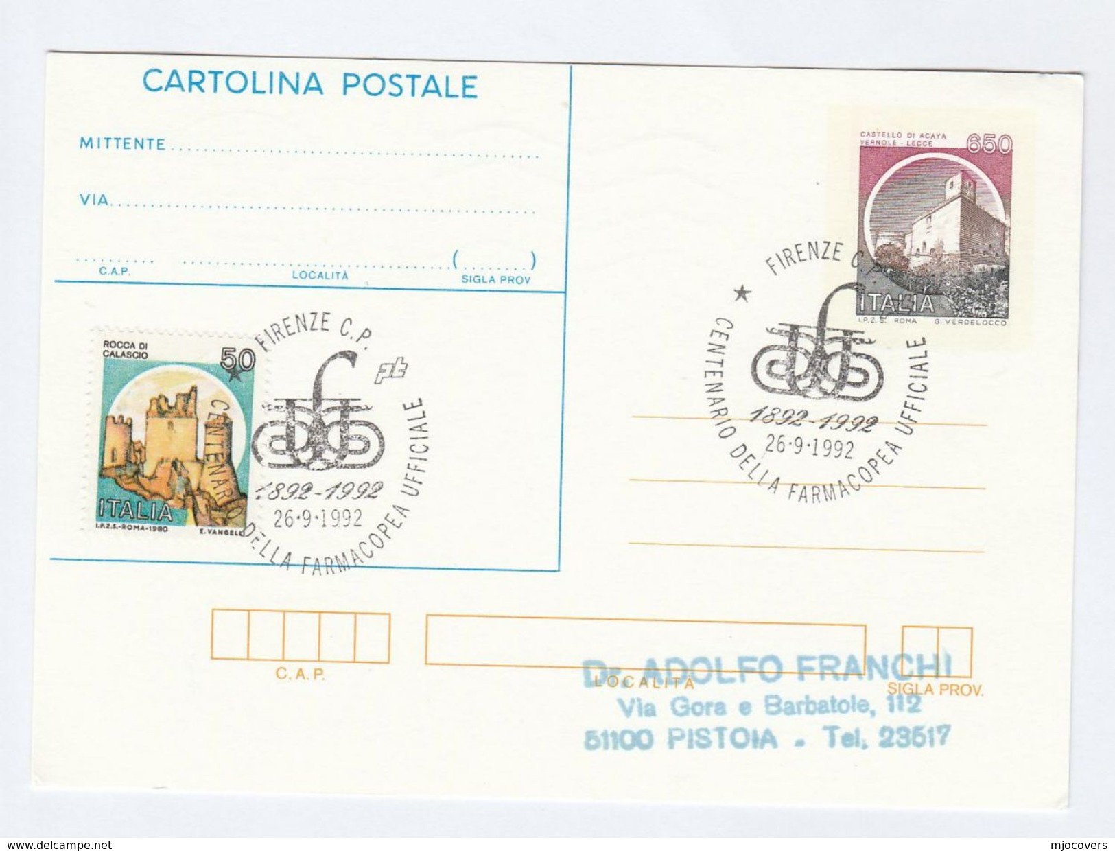 1992 Rome ITALY COVER EVENT Pmk PHARMACY Famacopea Centenary Postal Stationery Card Health Medicine Stamps Castle - Pharmacy