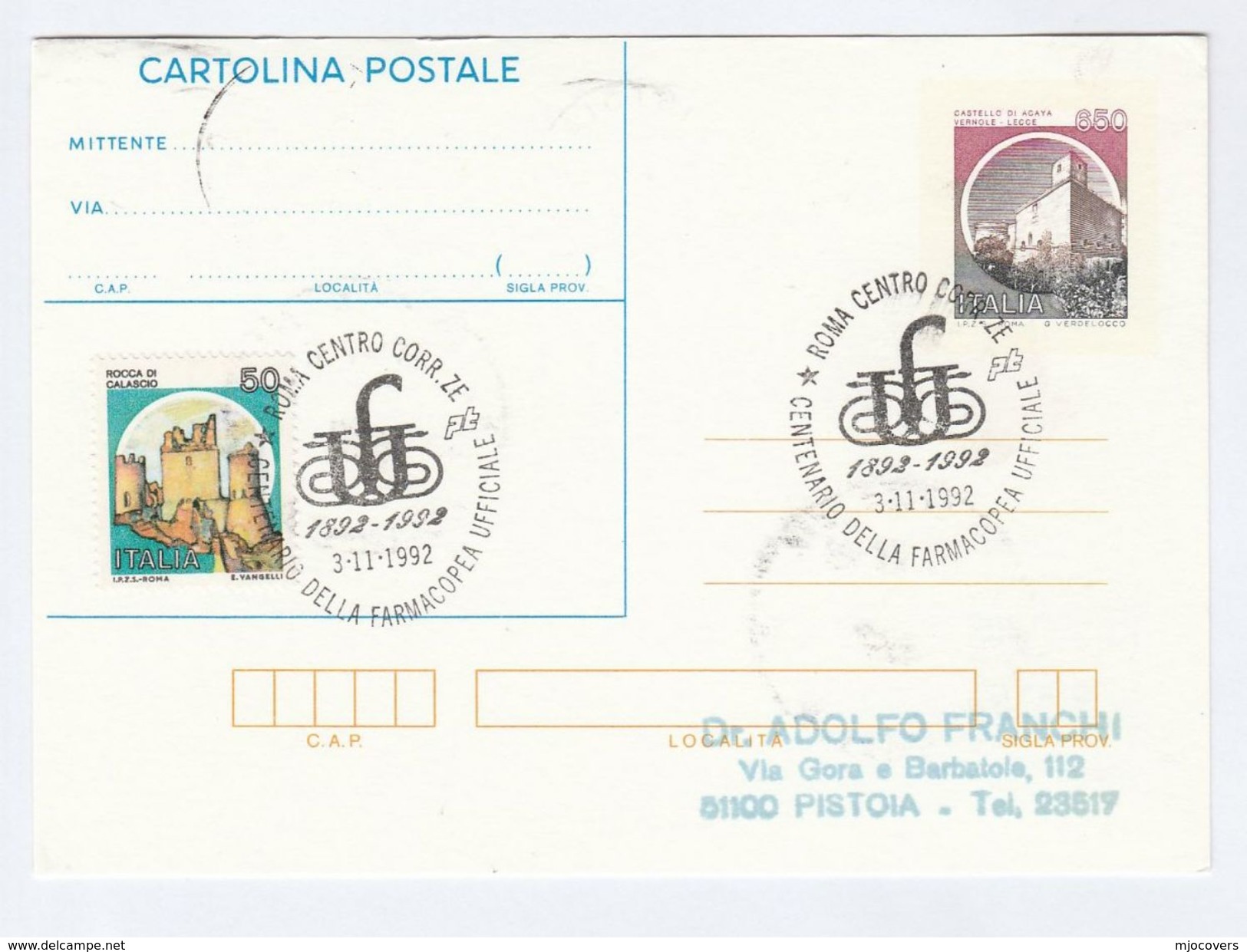 1992 Rome PHARMACY EVENT COVER  Famacopea Centenary Snakes Castle Health Medicine Stationery Card Italy Stamp - Pharmacy