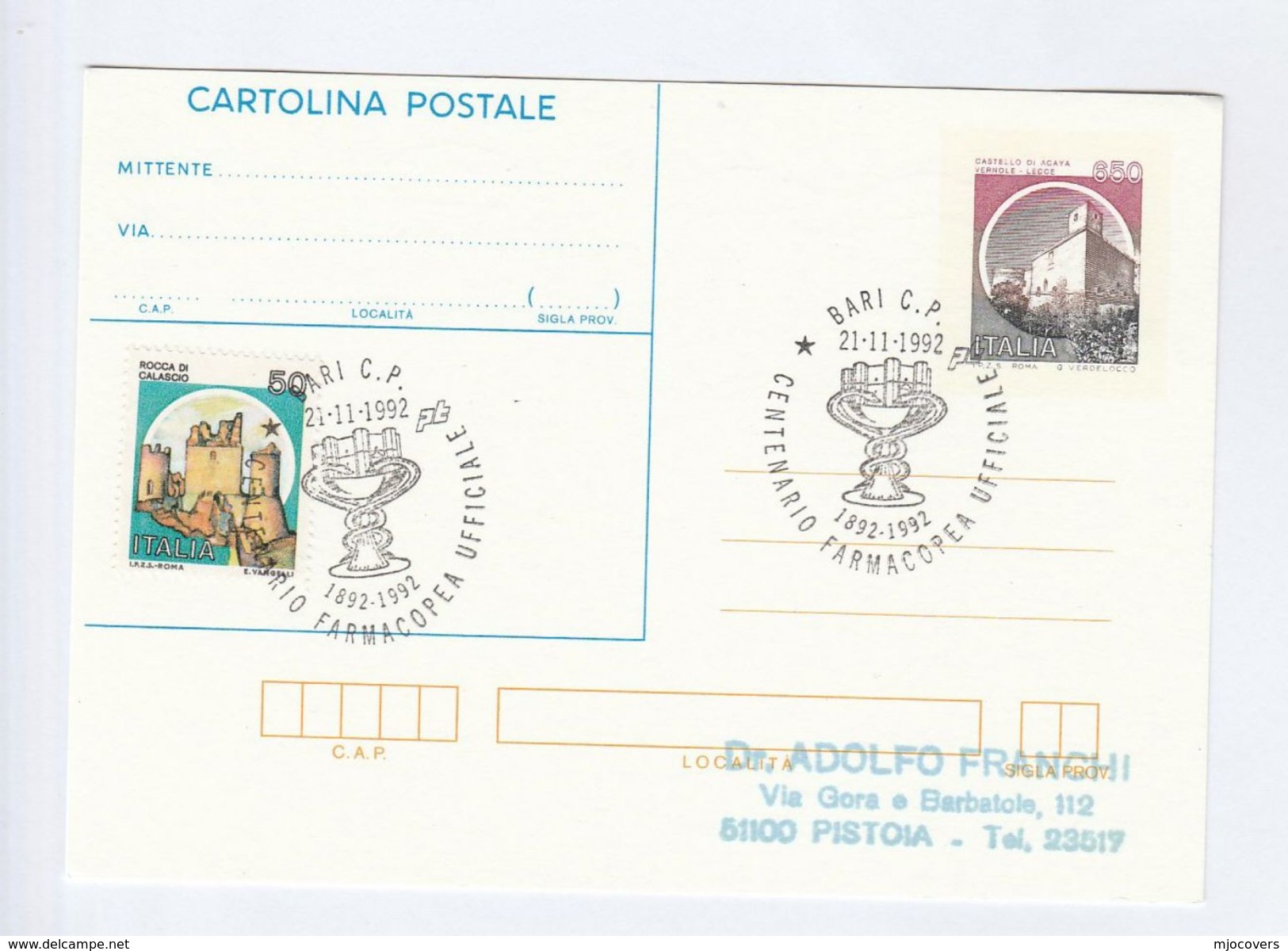 1992 Bari  PHARMACY EVENT COVER  Famacopea Centenary Snakes Castle Health Medicine Stationery Card Italy Stamp - Pharmacie