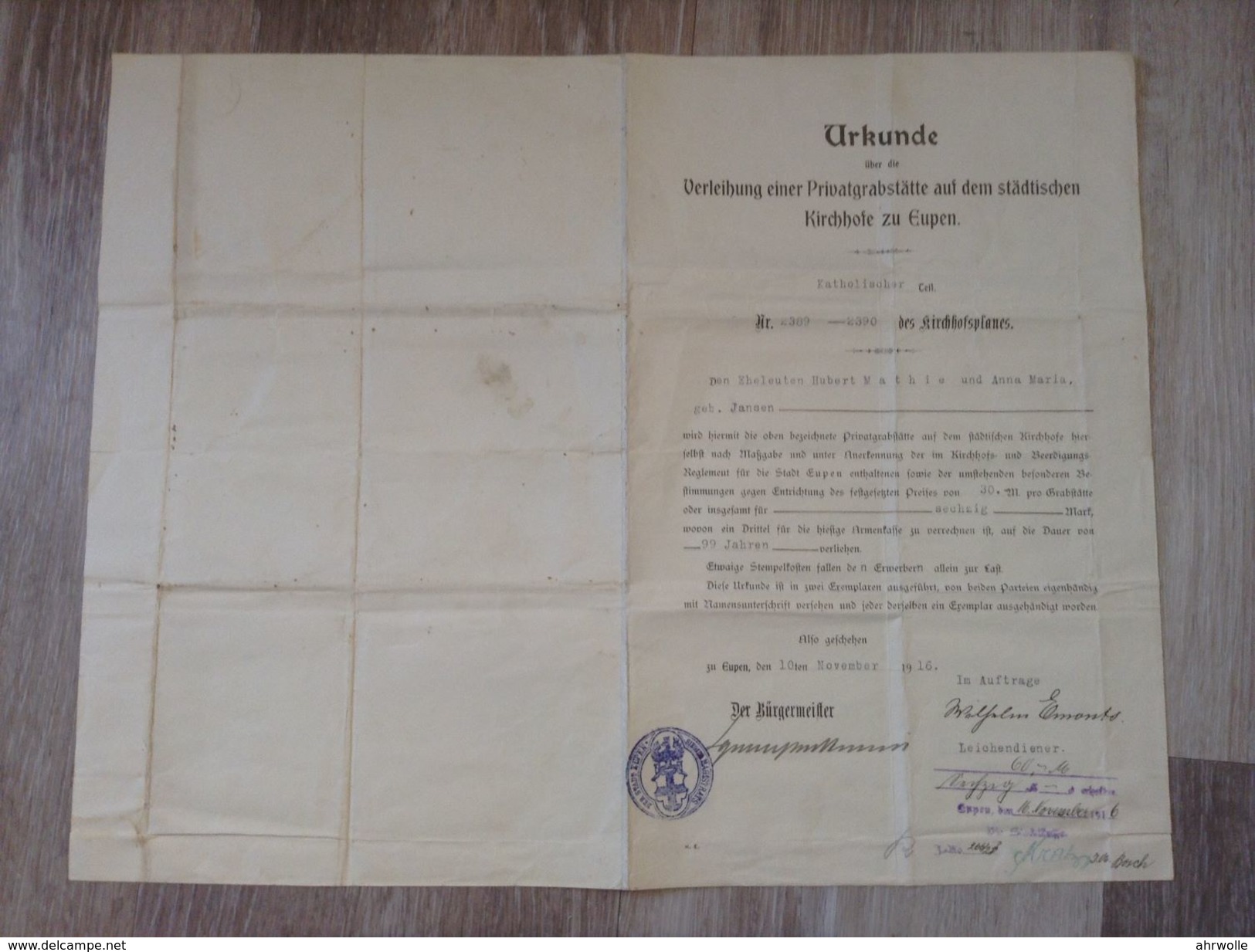 Dokument Urkunde Verleihung Einer Privatgrabstätte Auf Dem Städtischen Kirchhofe Zu Eupen 1916 Mit Siegel - Décès