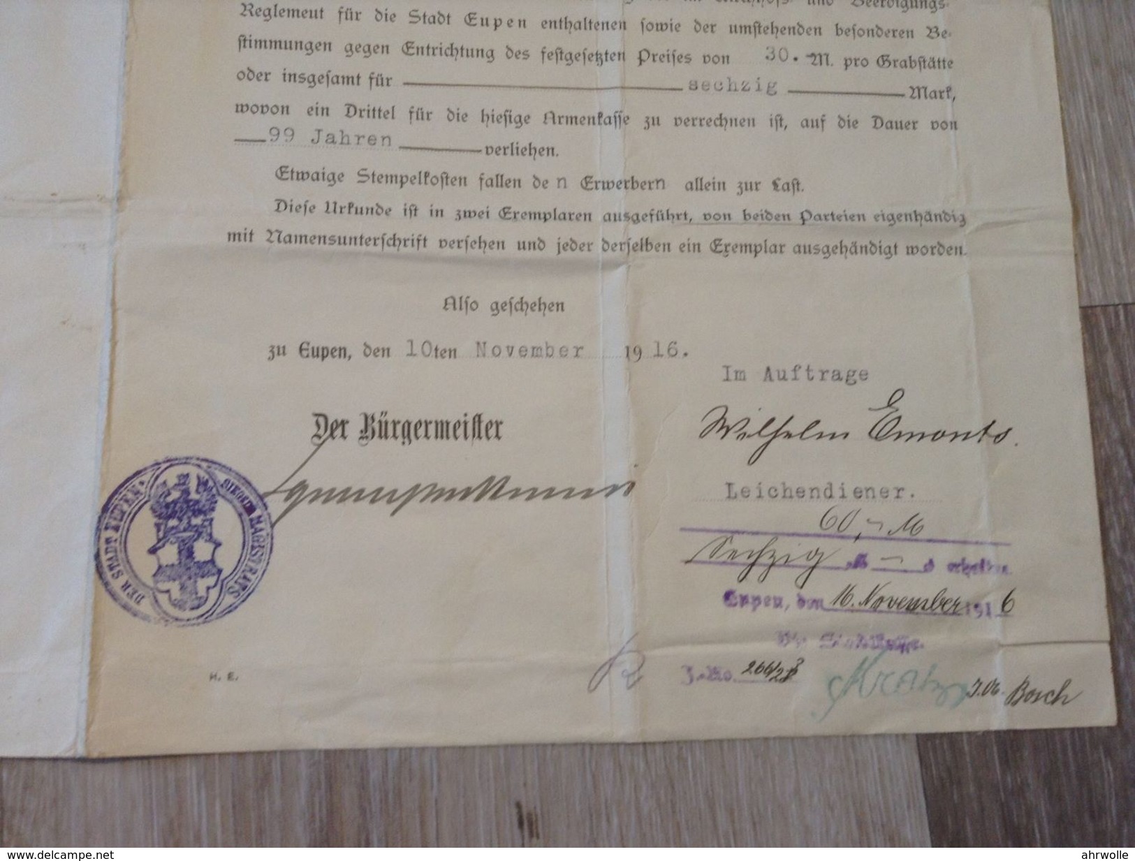 Dokument Urkunde Verleihung Einer Privatgrabstätte Auf Dem Städtischen Kirchhofe Zu Eupen 1916 Mit Siegel - Todesanzeige