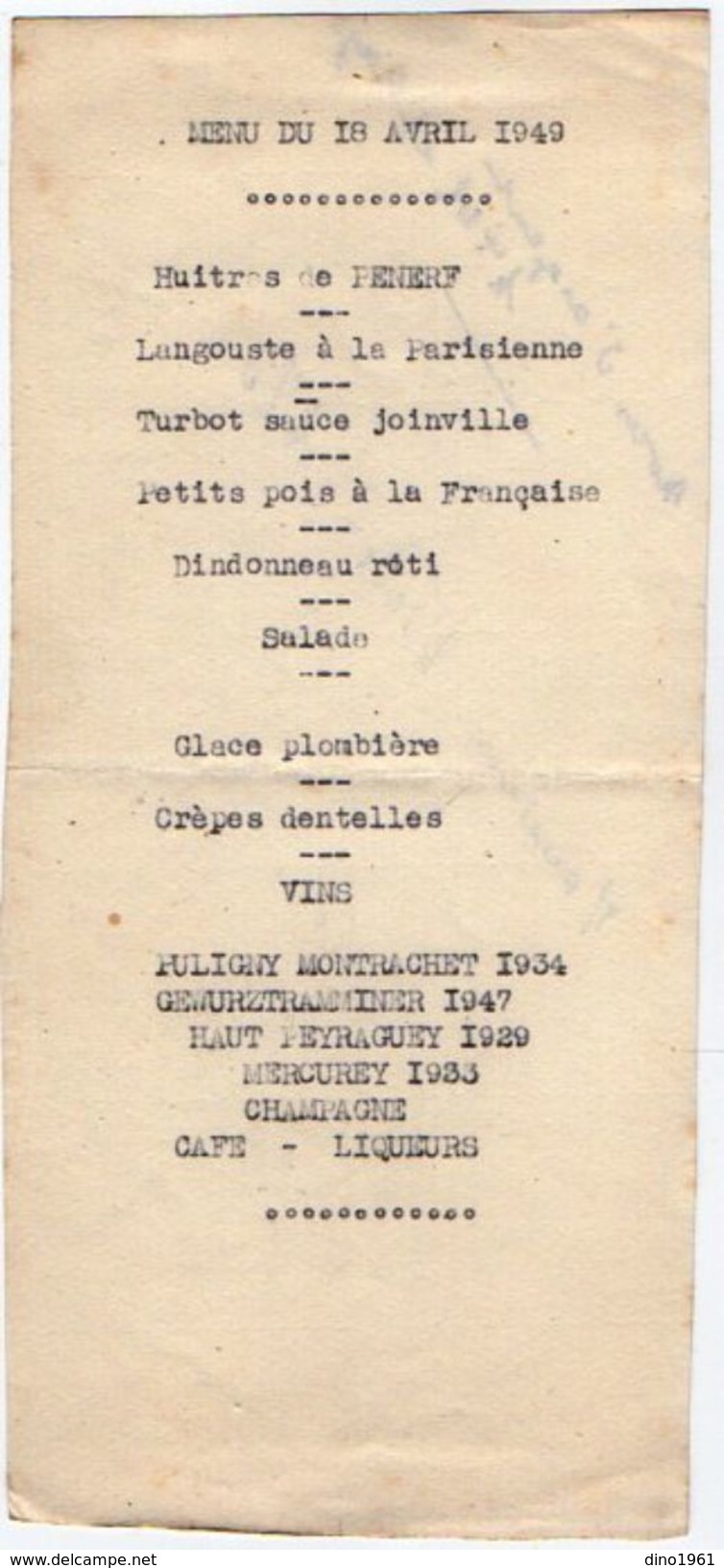 VP11.146 - Ancien Menu De 1949 - Famille  ALLO - Menu