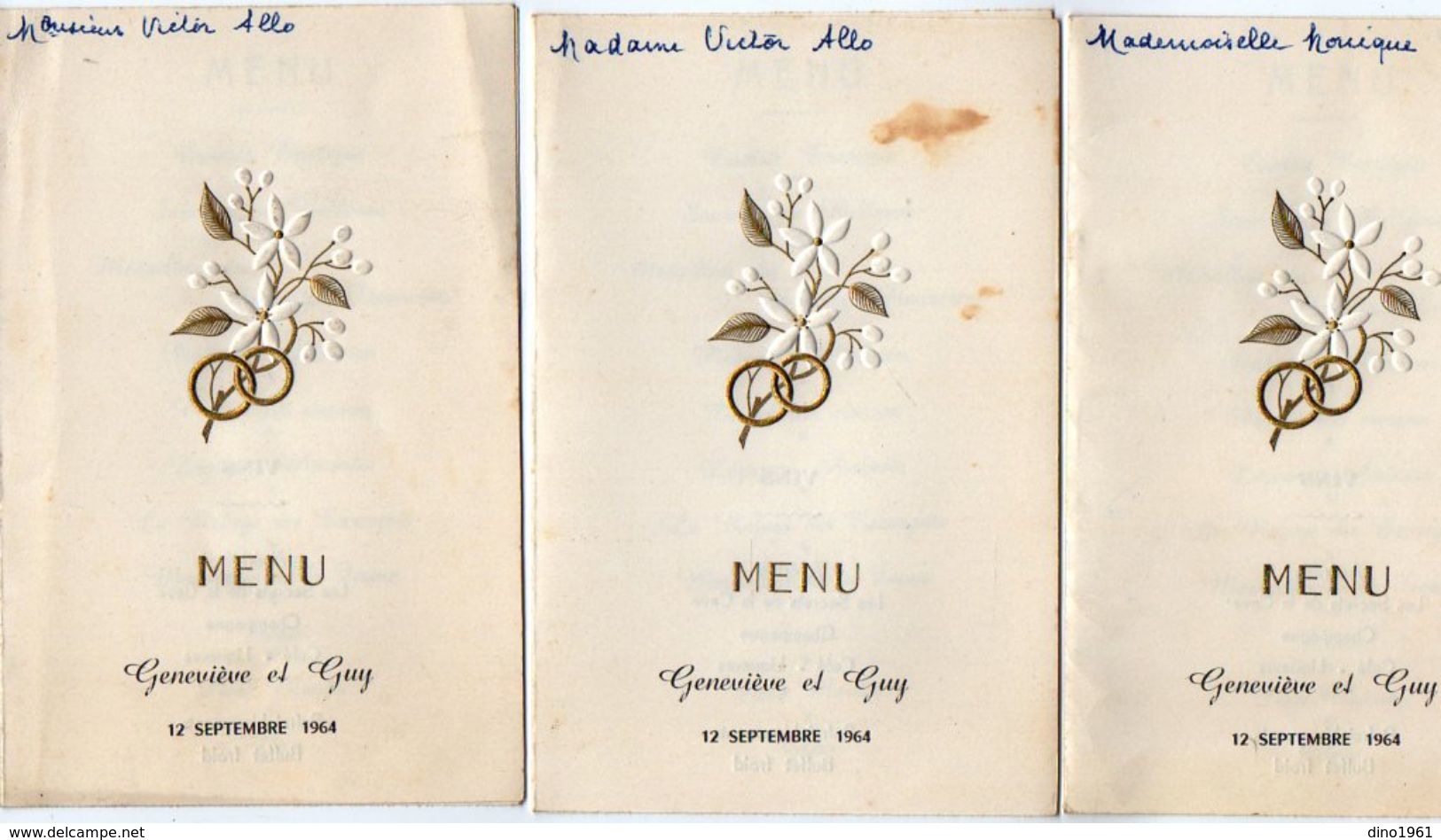 VP11.157 - Ancien Menu De 1964 X 3 - Mariage De Geneviève & Guy ?? ( Famille LE DUIGOU X ALLO ) - Menus