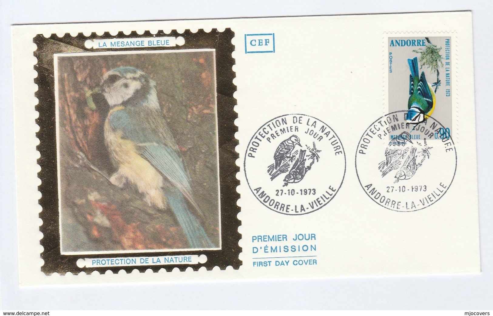 1973 ANDORRA French SILK FDC Stamps BLUE TIT Bird Cover Birds - Songbirds & Tree Dwellers