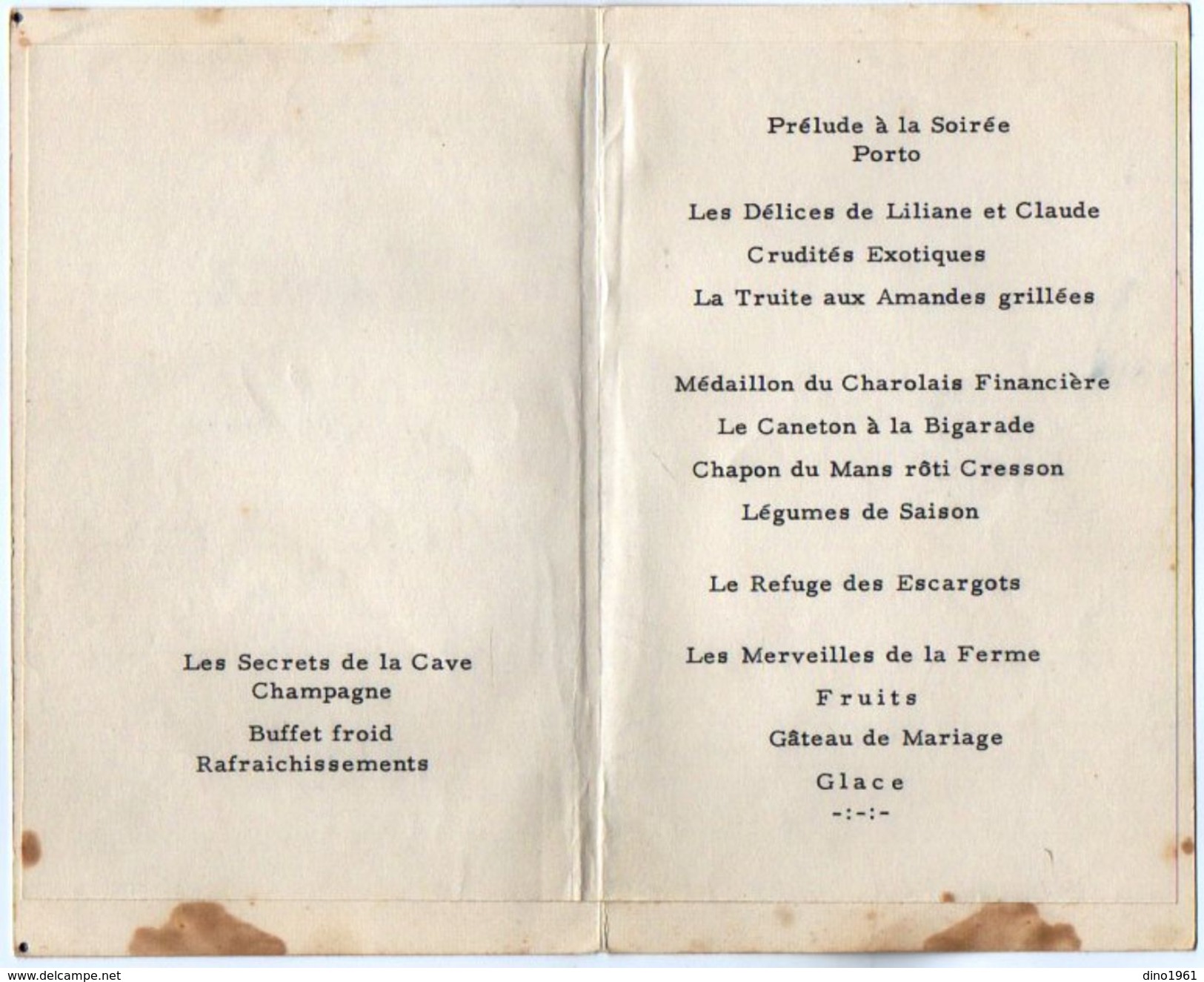 VP11.159 - Ancien Menu De 1964  - Mariage De Lilliane & Claude ?? ( Famille LE DUIGOU X ALLO ) - Menus