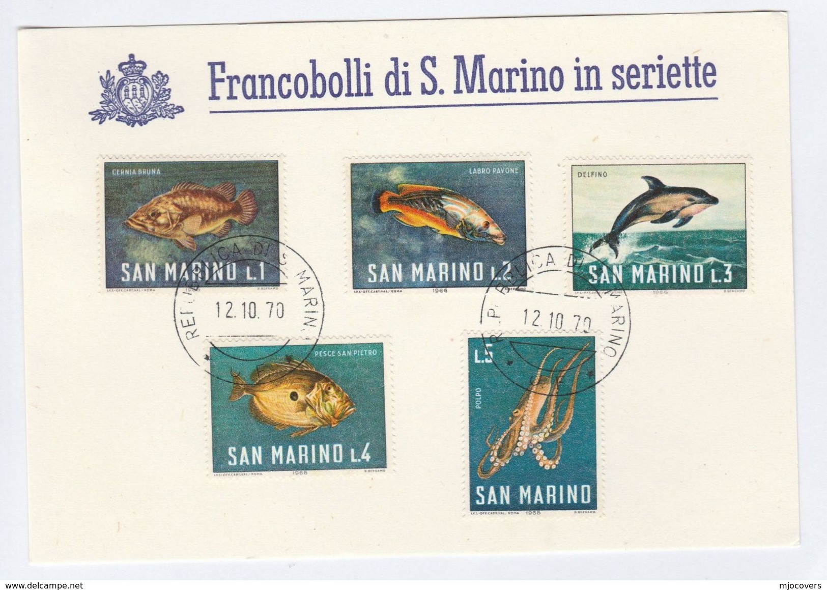 1970 SAN MARINO  COVER Special Card  DOLPHIN SQUID FISH Stamps - Dolphins