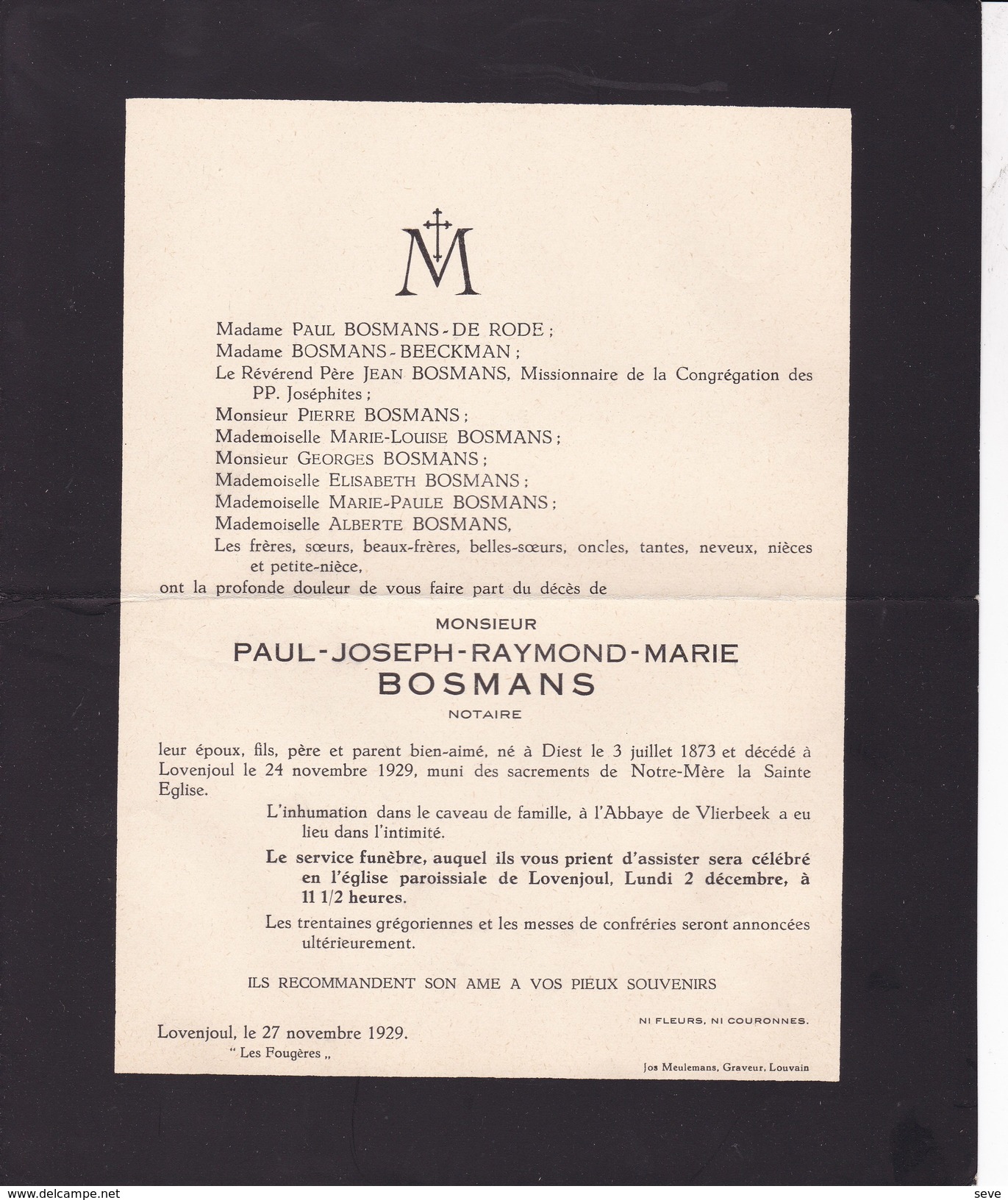 DIEST LOVENJOUL Paul BOSMANS Notaire Notaris 1873-1929 Doodsbrief - Overlijden
