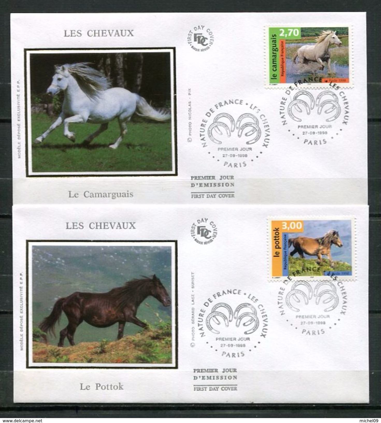 1998  FRANCE FDC 1ER JOUR SUR SOIE ANIMAUX  LES CHEVAUX SERIE DE 4 ENVELOPPES - Pferde