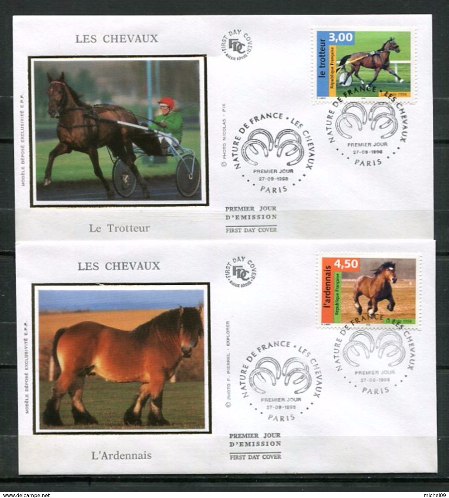 1998  FRANCE FDC 1ER JOUR SUR SOIE ANIMAUX  LES CHEVAUX SERIE DE 4 ENVELOPPES - Pferde