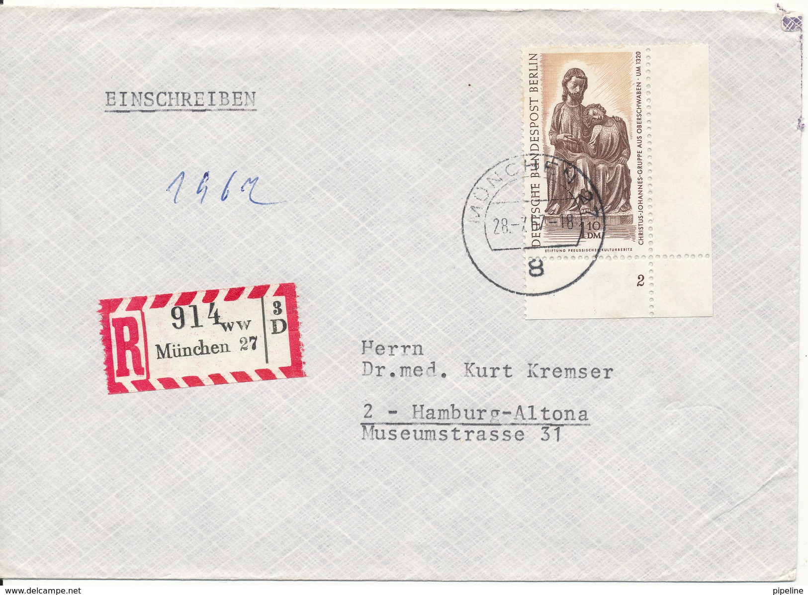 Germany Registered Cover München 28-7-1967 Single Franked Good BERLIN Stamp - Lettres & Documents