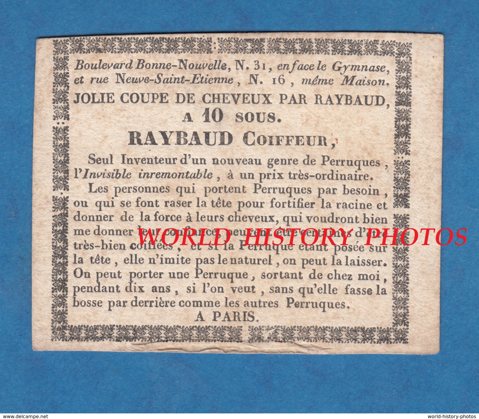 Coupon Ancien 19e - PARIS - Maison RAYBAUD Coiffeur , Boulevard Bonne Nouvelle - Coiffure Perruque Hair - TOP RARE - Documents Historiques