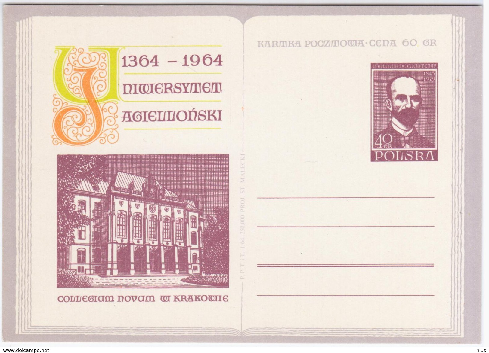 Poland Polska 1964 Jan Baudouin De Courtenay, 600 Years Of Jagiellonian University, Krakow Cracow - Stamped Stationery