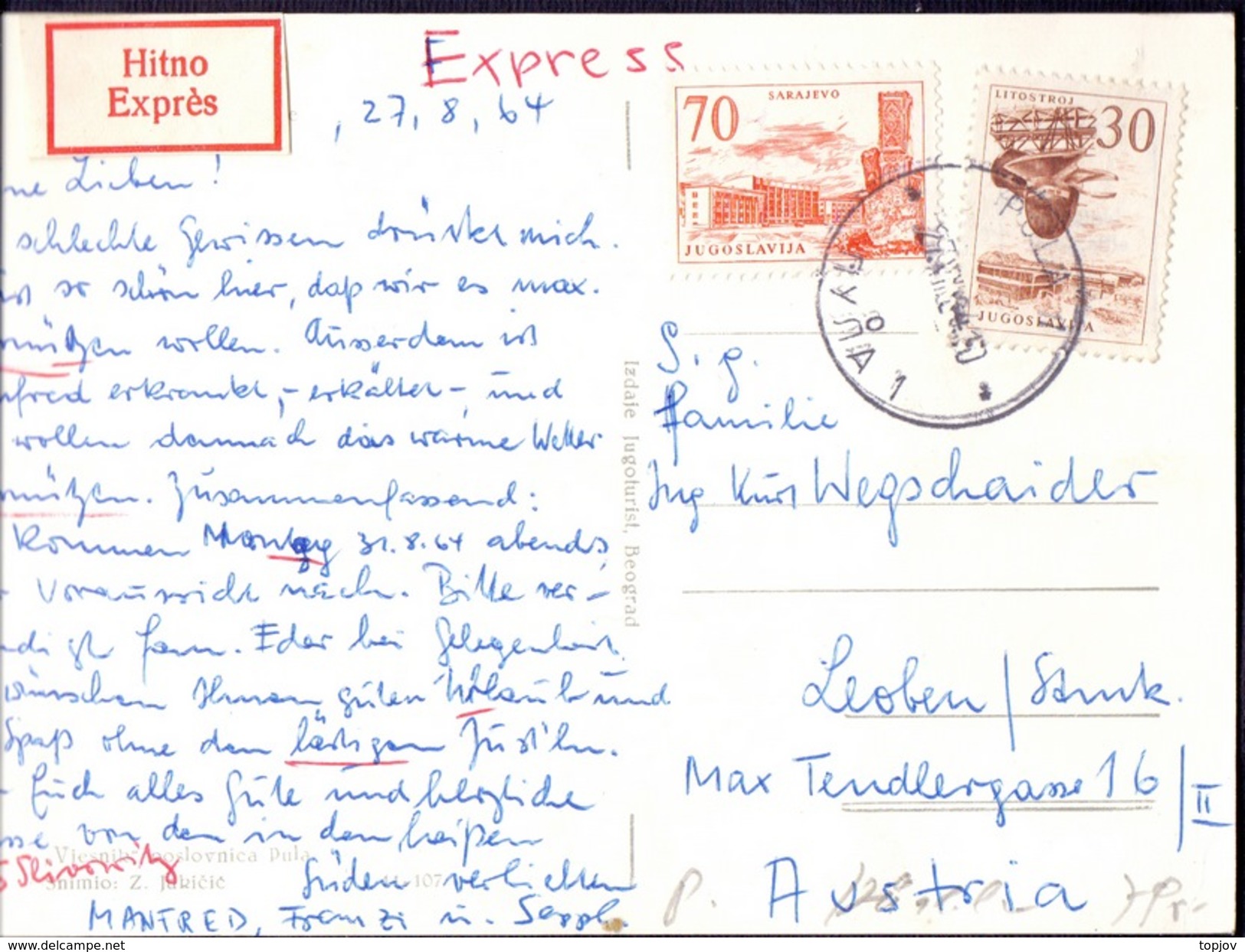 YUGOSLAVIA  - JUGOSLAVIA - MIXED FRANKING - EXPRESS CARD  - 1964 - Covers & Documents