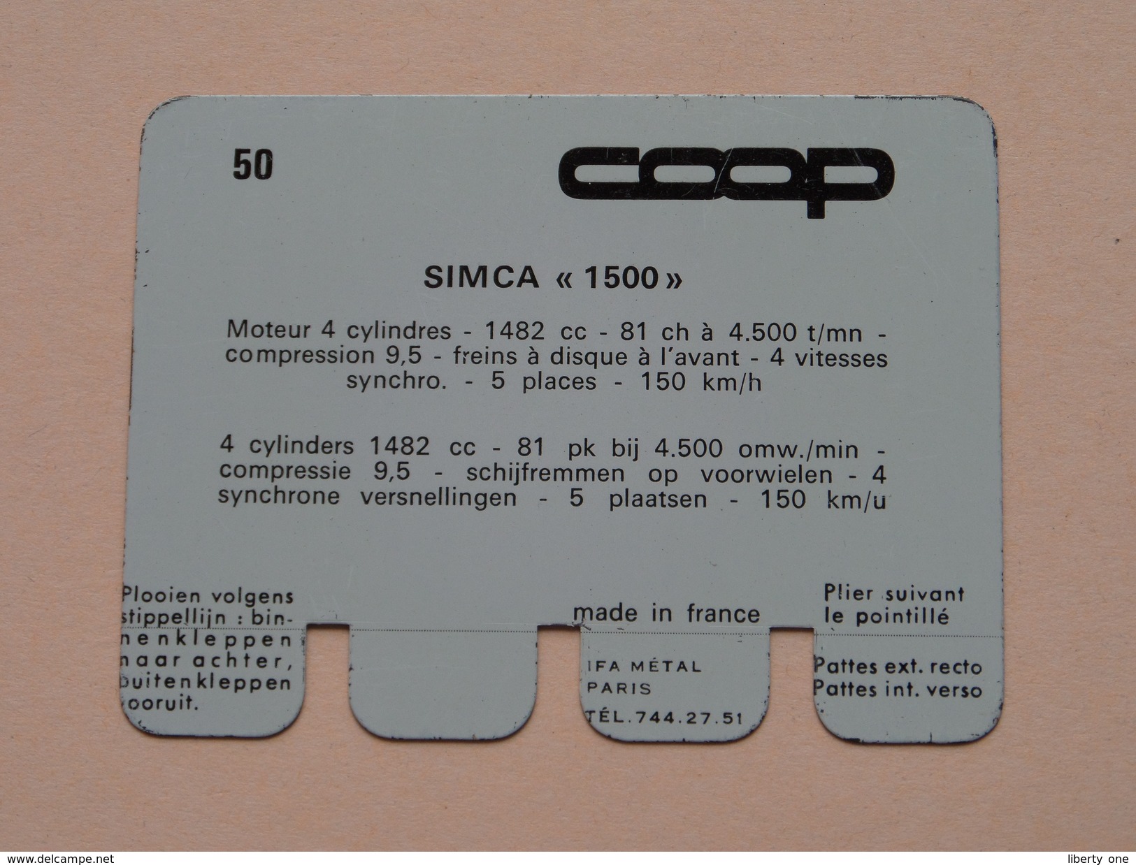 SIMCA 1500 - Coll. N° 50 NL/FR ( Plaquette C O O P - Voir Photo - IFA Metal Paris ) ! - Plaques En Tôle (après 1960)