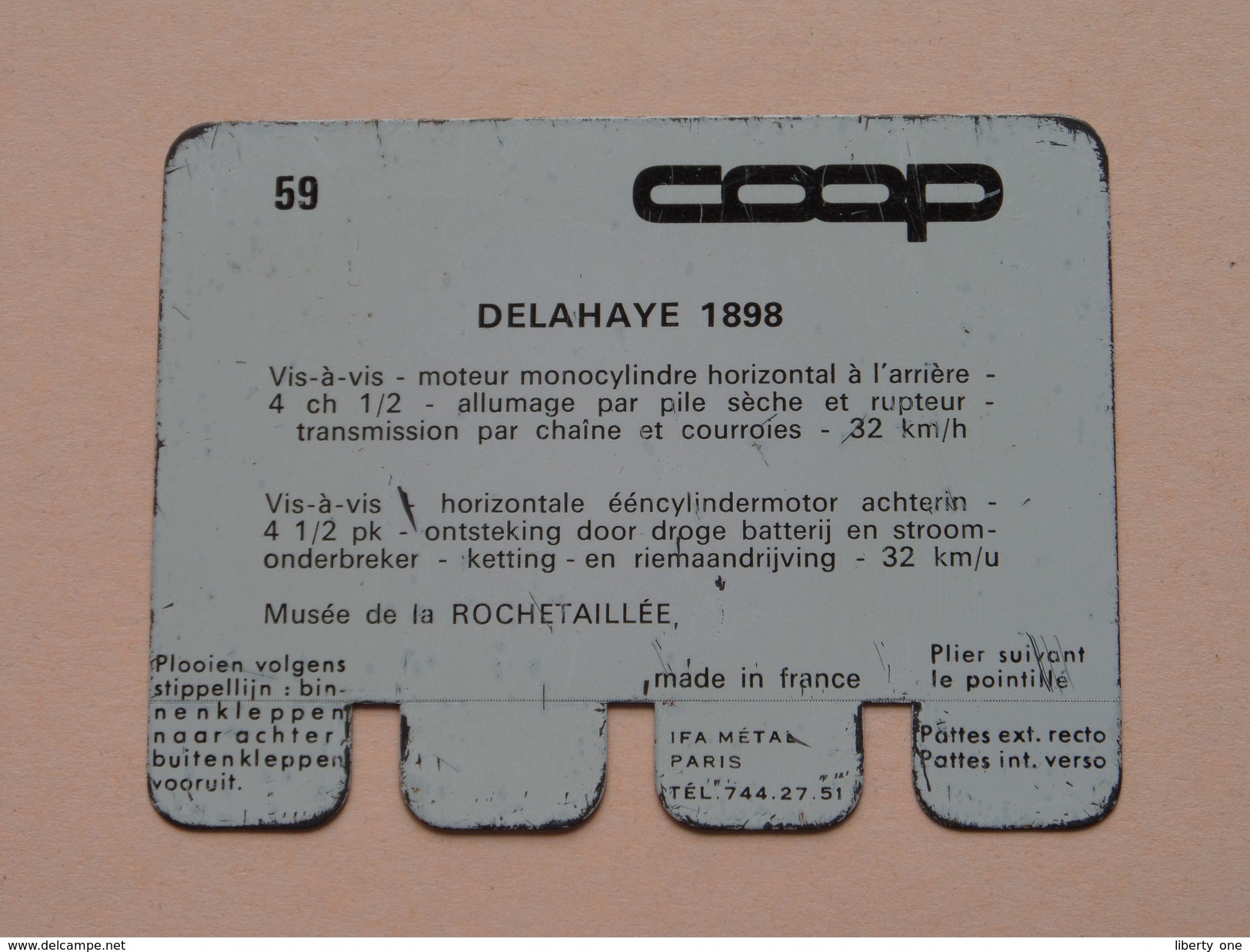 DELAHAYE 1898 - Coll. N° 59 NL/FR ( Plaquette C O O P - Voir Photo - IFA Metal Paris ) ! - Tin Signs (vanaf 1961)