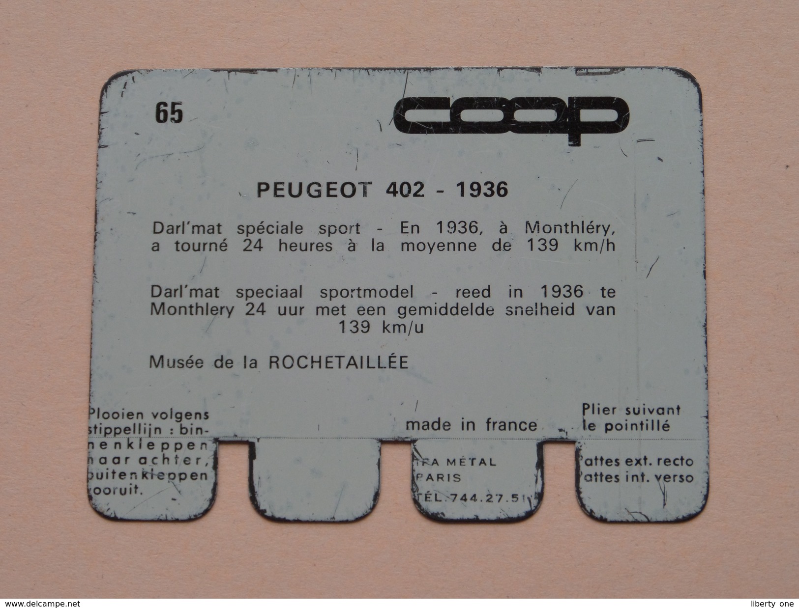 PEUGEOT 402 - 1936 - Coll. N° 65 NL/FR ( Plaquette C O O P - Voir Photo - IFA Metal Paris ) ! - Plaques En Tôle (après 1960)