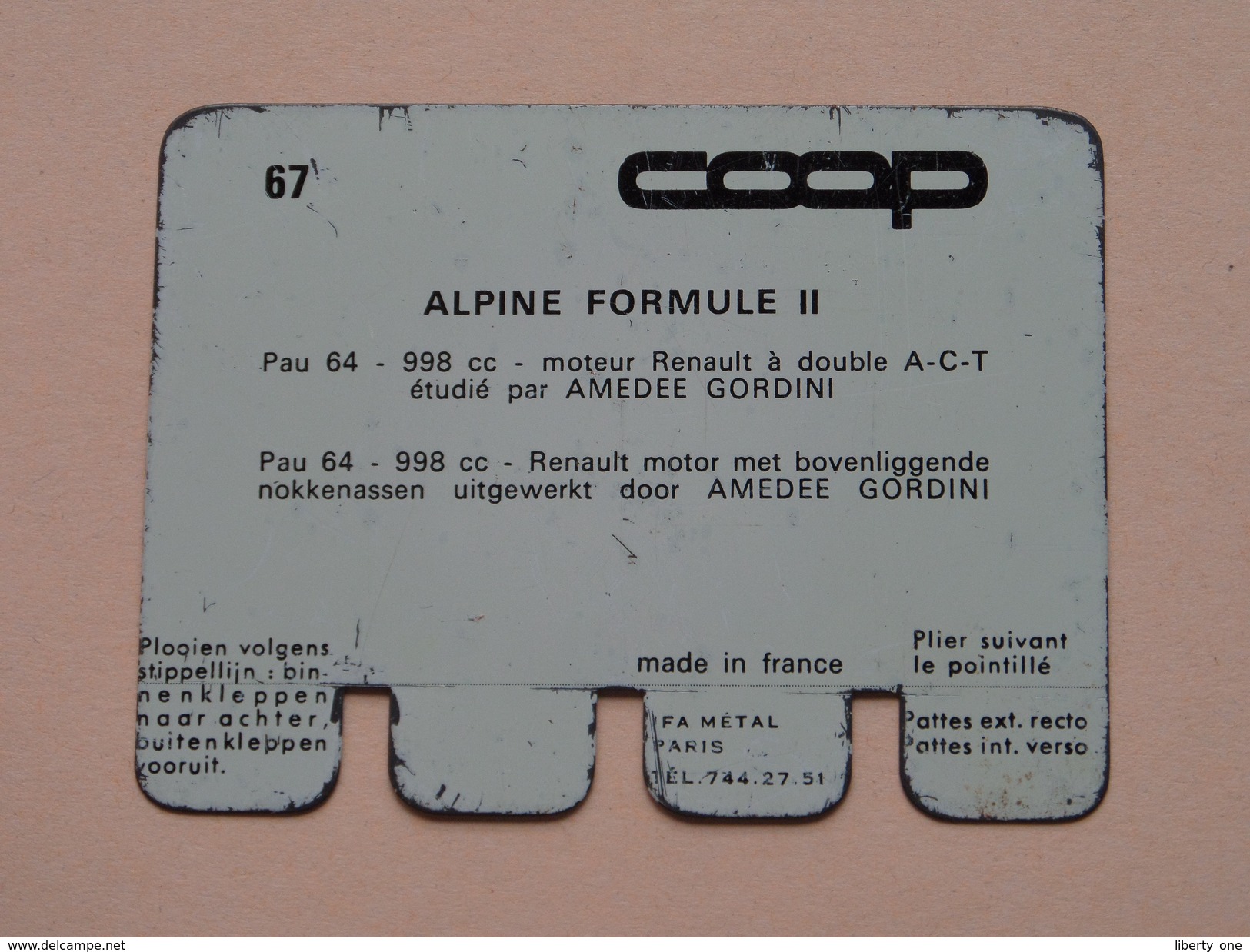 ALPINE FORMULE II - Coll. N° 67 NL/FR ( Plaquette C O O P - Voir Photo - IFA Metal Paris ) ! - Tin Signs (vanaf 1961)