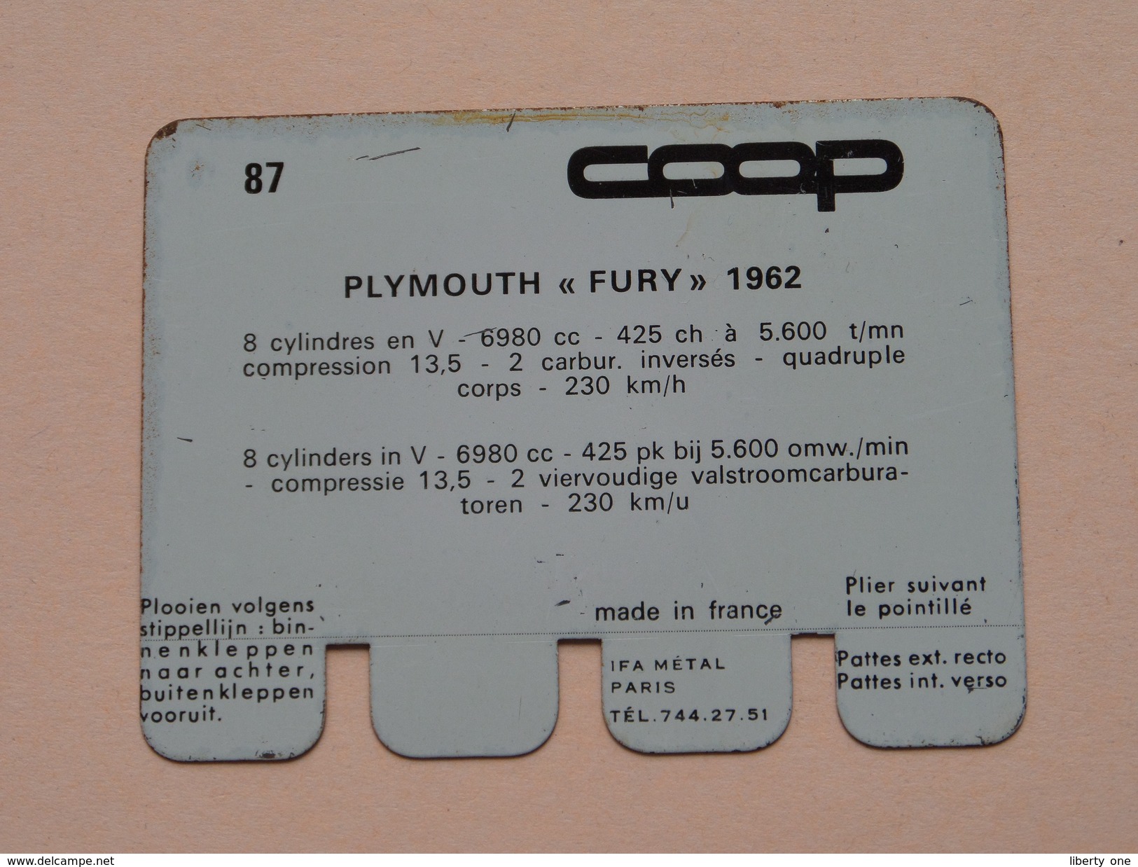 PLYMOUTH FURY 1962 - Coll. N° 87 NL/FR ( Plaquette C O O P - Voir Photo - IFA Metal Paris ) ! - Plaques En Tôle (après 1960)