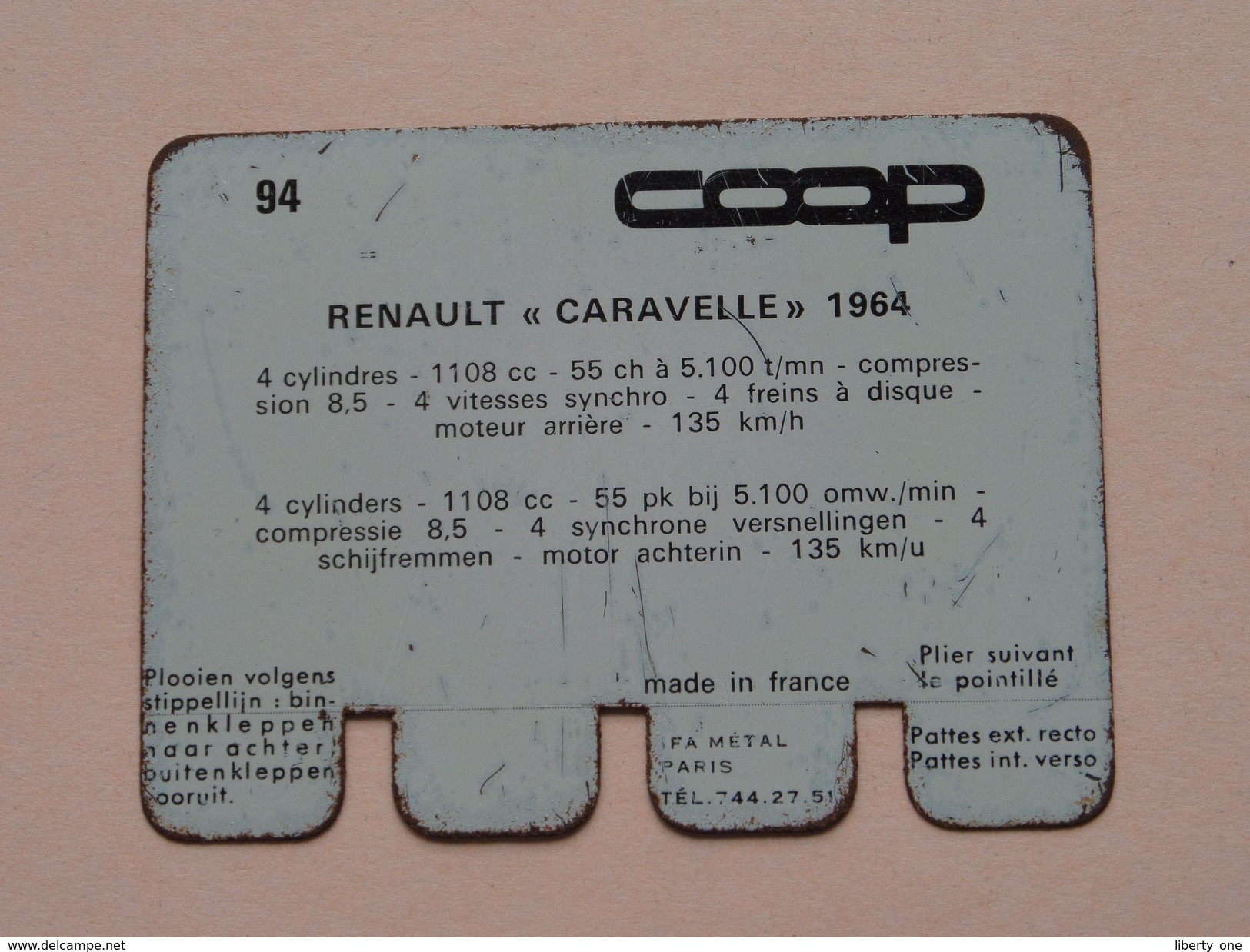 RENAULT CARAVELLE 1964 - Coll. N° 94 NL/FR ( Plaquette C O O P - Voir Photo - IFA Metal Paris ) ! - Plaques En Tôle (après 1960)