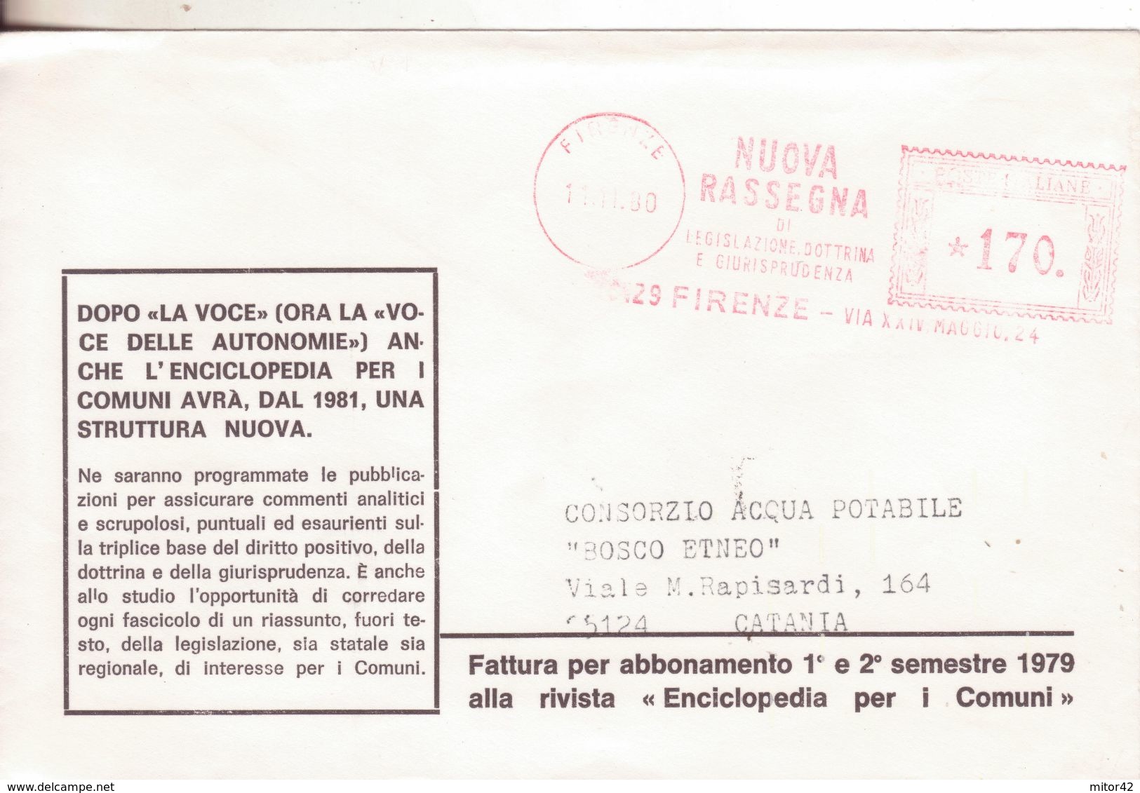 2-Affrancature Meccaniche Rosse:1980-Nuova Rassegna Di Legislazione,Dottrina E Giurispudenza-Firenze X Catania-Sicilia - Macchine Per Obliterare (EMA)