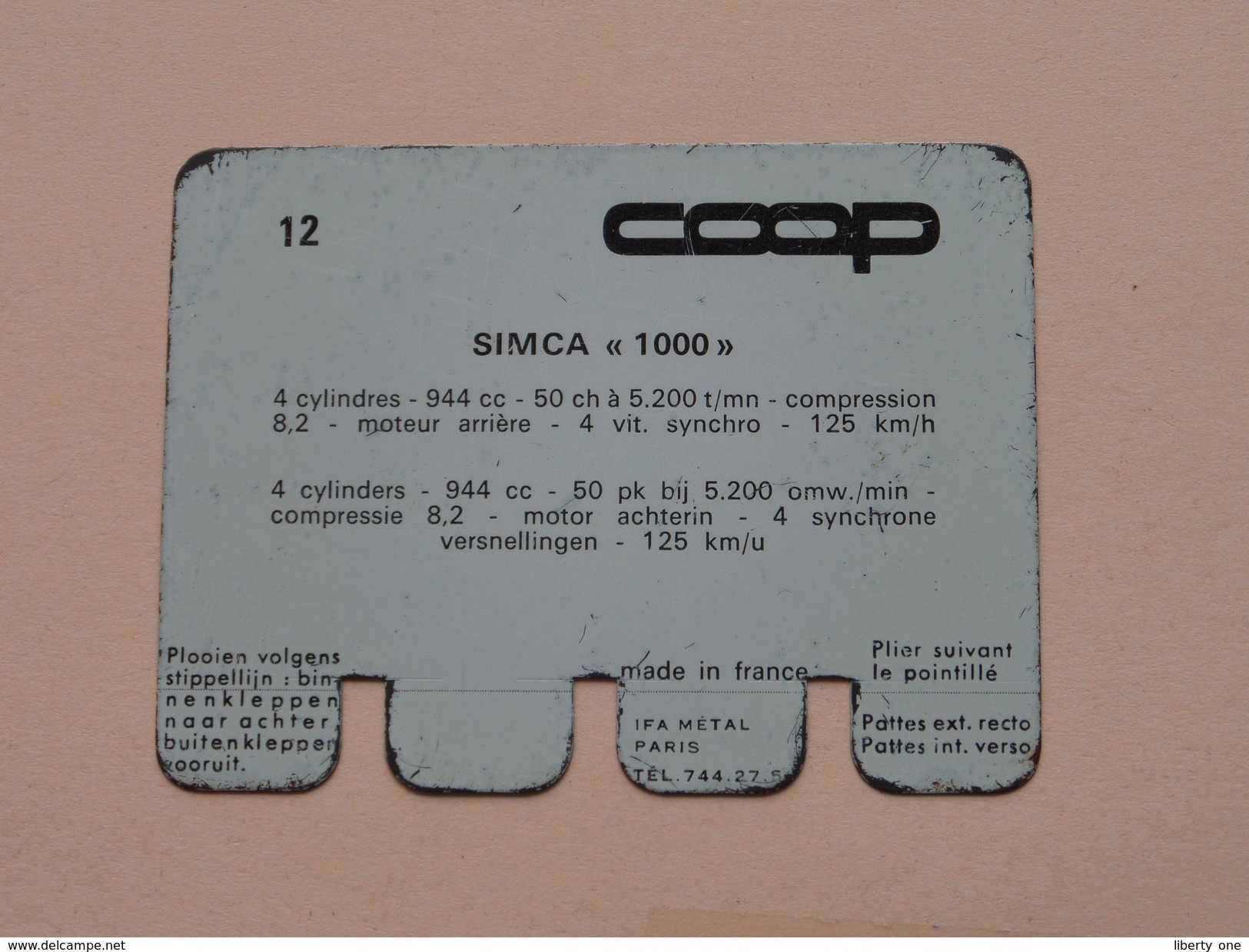 SIMCA 1000 - Coll. N° 12 NL/FR ( Plaquette C O O P - Voir Photo - IFA Metal Paris ) ! - Plaques En Tôle (après 1960)