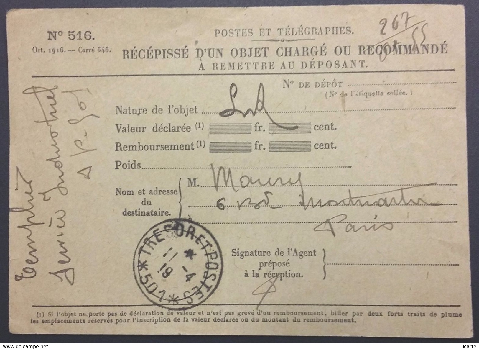 Récépissé Lettre Recommandé Oblitération TRESOR ET POSTES 501 11 Avril 1919 Traitement Par ARMEE D'ORIENT COURRIER CIVIL - Guerre De 1914-18