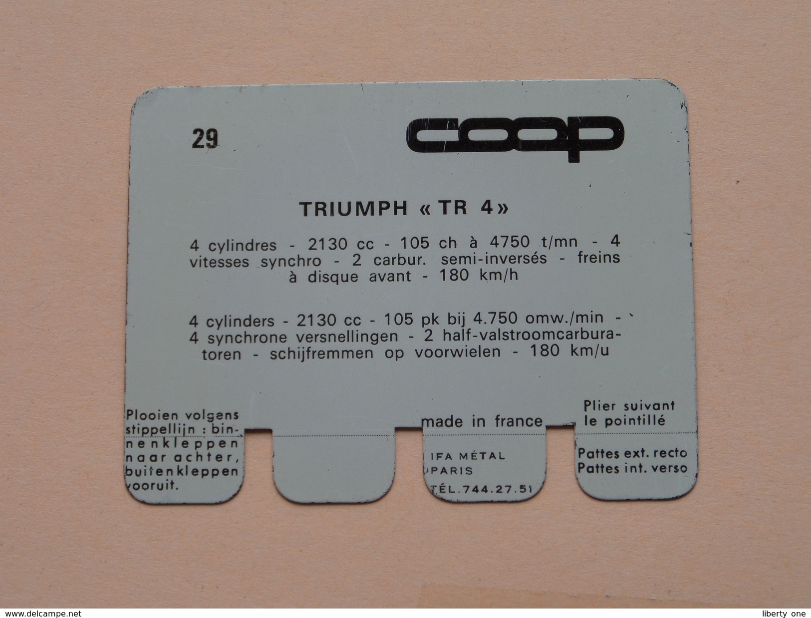 TRIUMPH TR 4 - Coll. N° 29 NL/FR ( Plaquette C O O P - Voir Photo - IFA Metal Paris ) ! - Plaques En Tôle (après 1960)