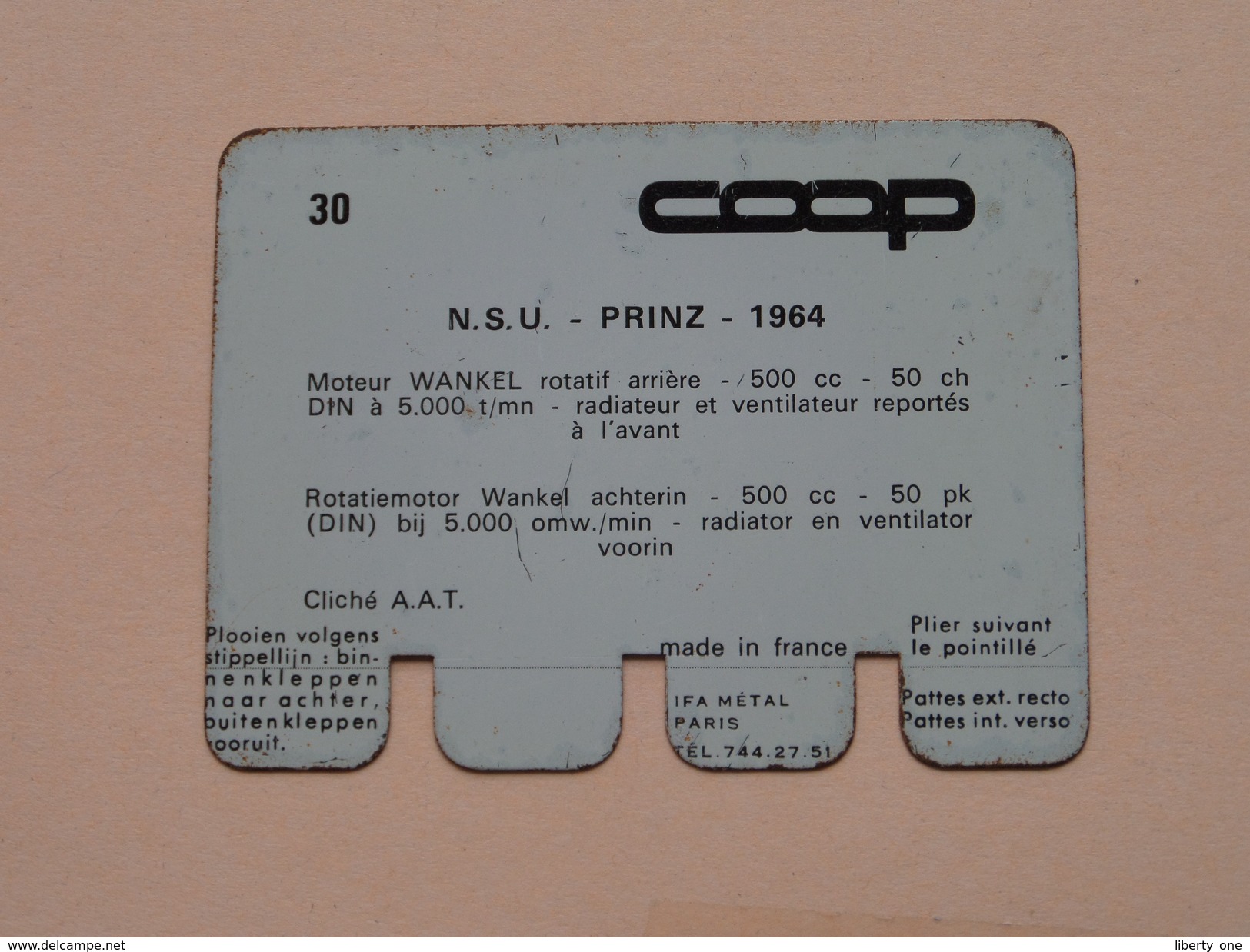 N.S.U. PRINZ 1964 - Coll. N° 30 NL/FR ( Plaquette C O O P - Voir Photo - IFA Metal Paris ) ! - Plaques En Tôle (après 1960)