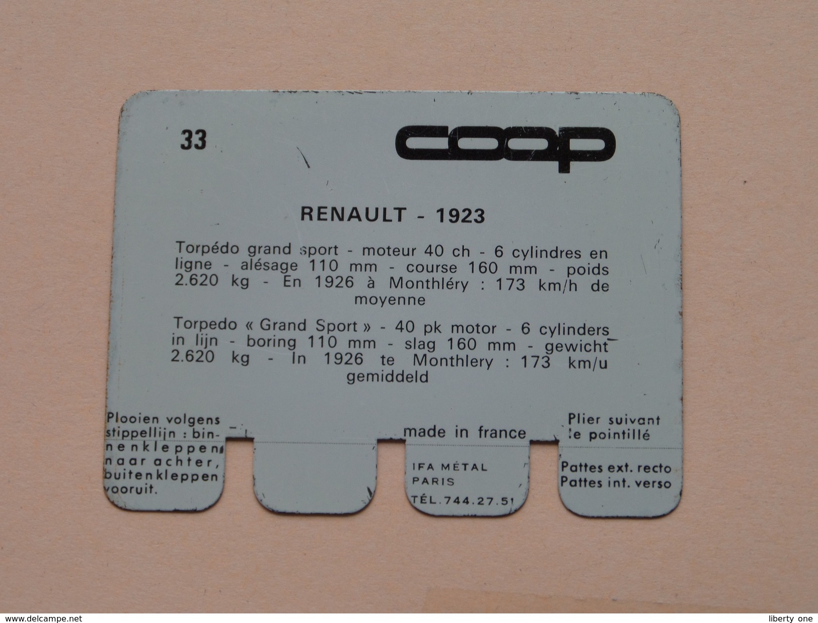 RENAULT 1923 - Coll. N° 33 NL/FR ( Plaquette C O O P - Voir Photo - IFA Metal Paris ) ! - Plaques En Tôle (après 1960)