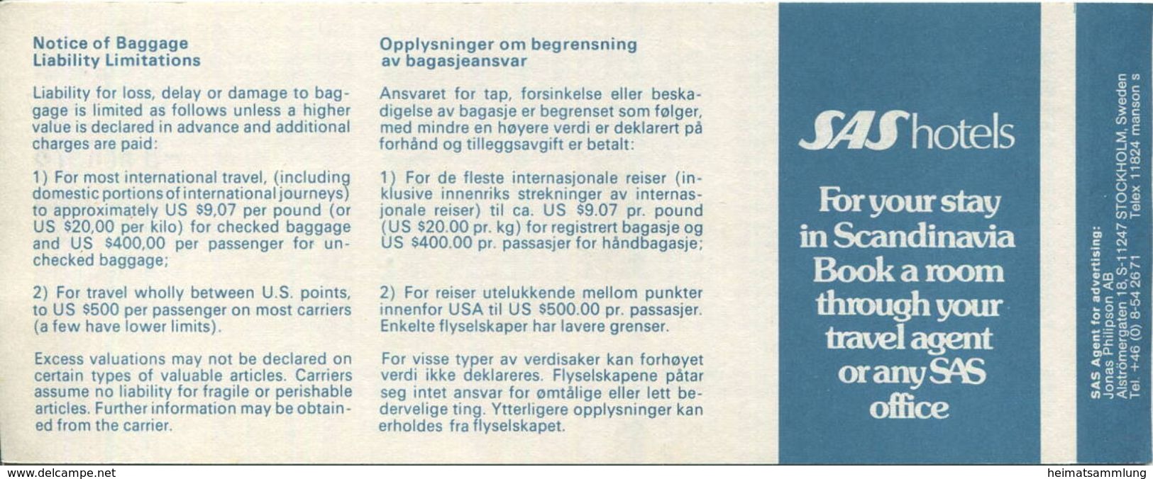 SAS Scandinavian Airlines System 1978 Tokyo Zürich - Europa