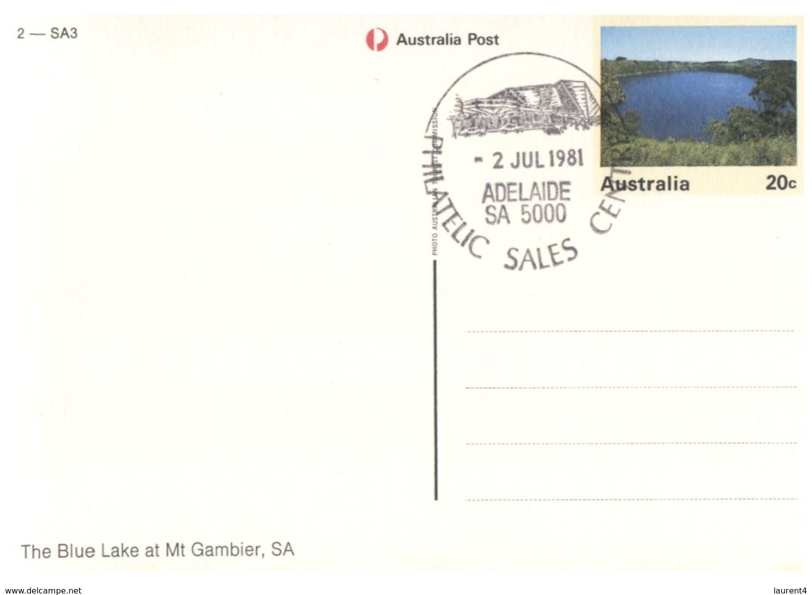 (555) Australia - (pre-paid Stamp Postcard With Special Postmark At Back) - SA - Mt Gambier Blue Lake - Mt.Gambier