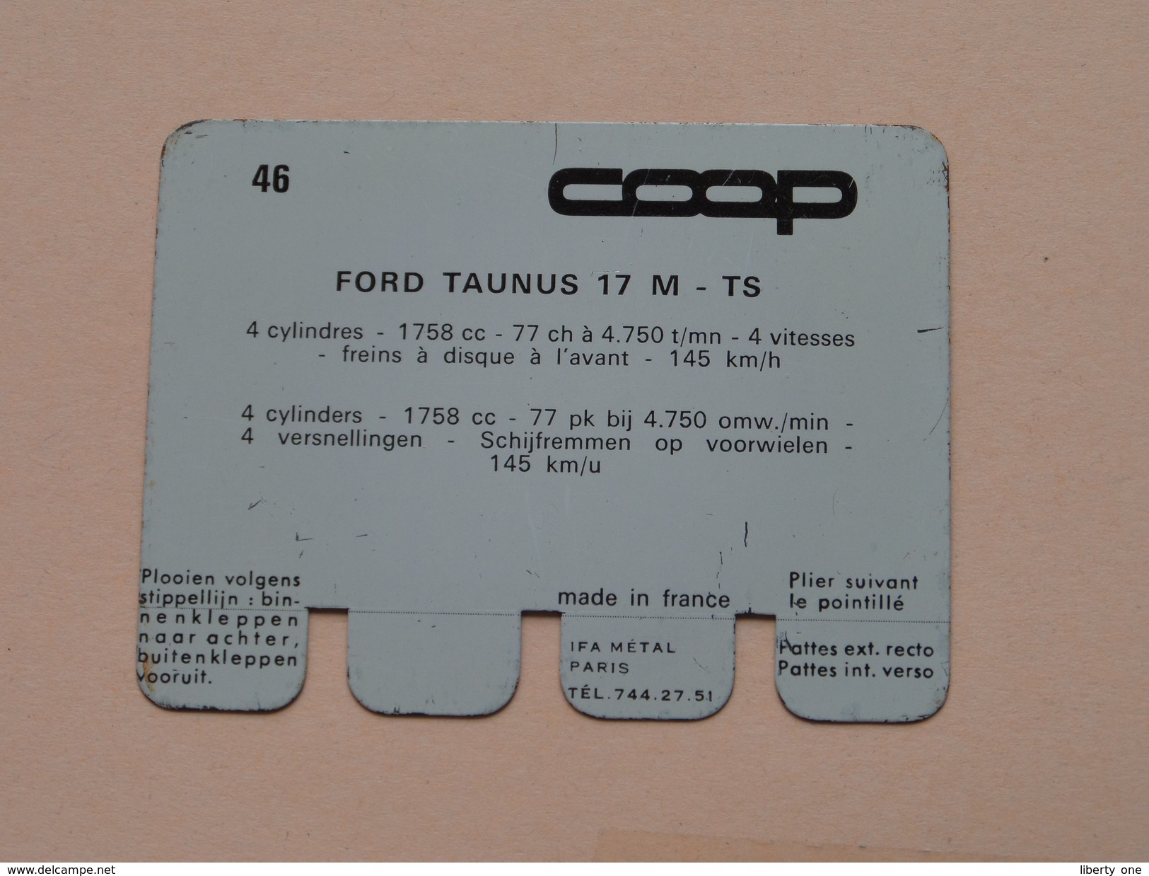 FORD TAUNUS 17 M TS - Coll. N° 46 NL/FR ( Plaquette C O O P - Voir Photo - IFA Metal Paris ) ! - Plaques En Tôle (après 1960)