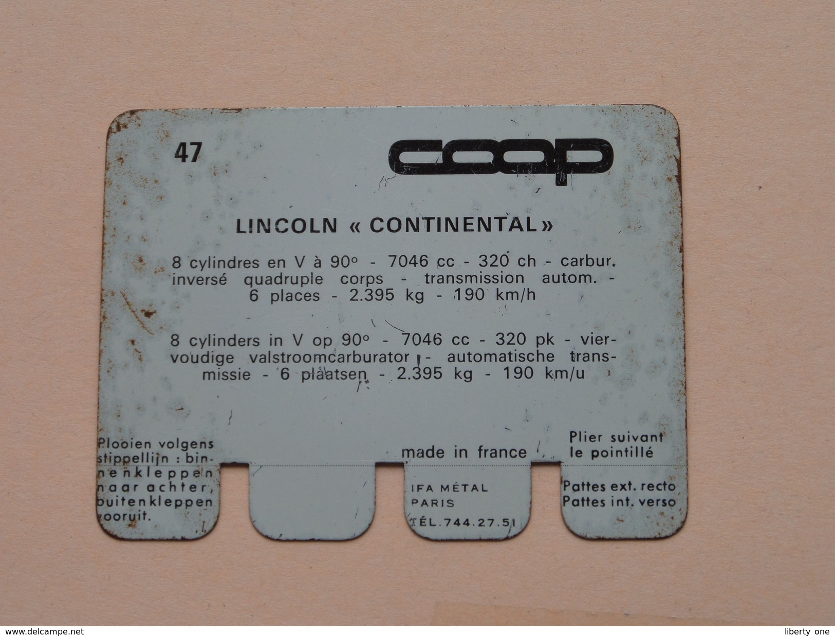 LINCOLN CONTINENTAL - Coll. N° 47 NL/FR ( Plaquette C O O P - Voir Photo - IFA Metal Paris ) ! - Plaques En Tôle (après 1960)