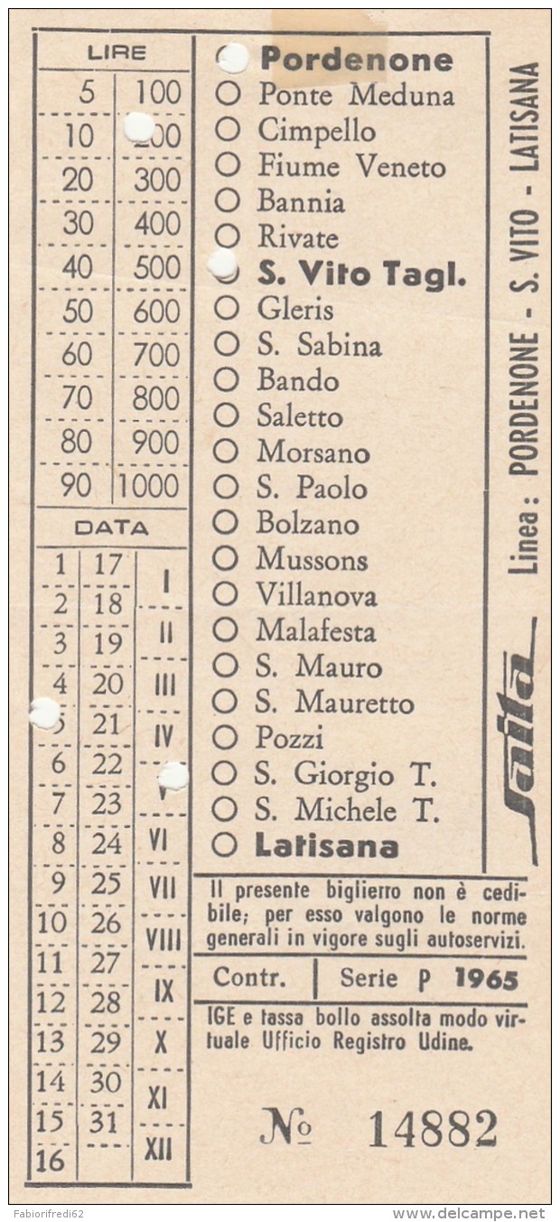 BIGLIETTO SAITA PORDENONE S.VITO LATISANA 1965 (UB21 - Europa