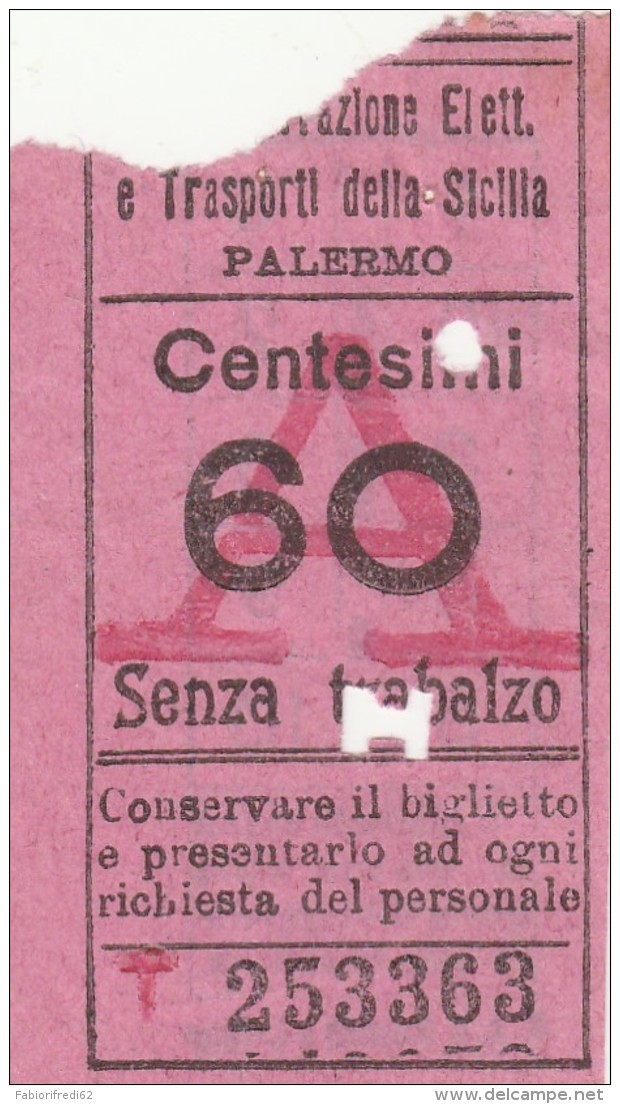 BIGLIETTO CENTESIMI 60 TRASPORTI DELLA SICILIA PALERMO (UB107 - Europa