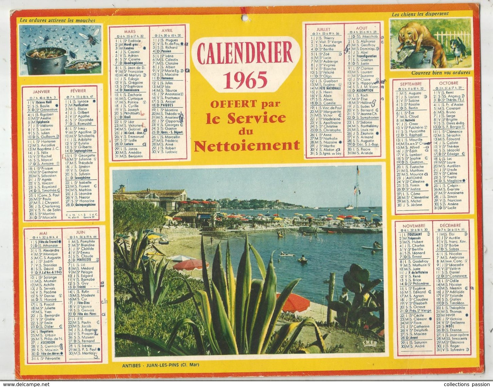 Calendrier , Grand Format , 1965 , Offert Par Le Service De Nettoiement , Antibes , Juan Les Pins , Frais Fr : 1.95 E - Big : 1961-70